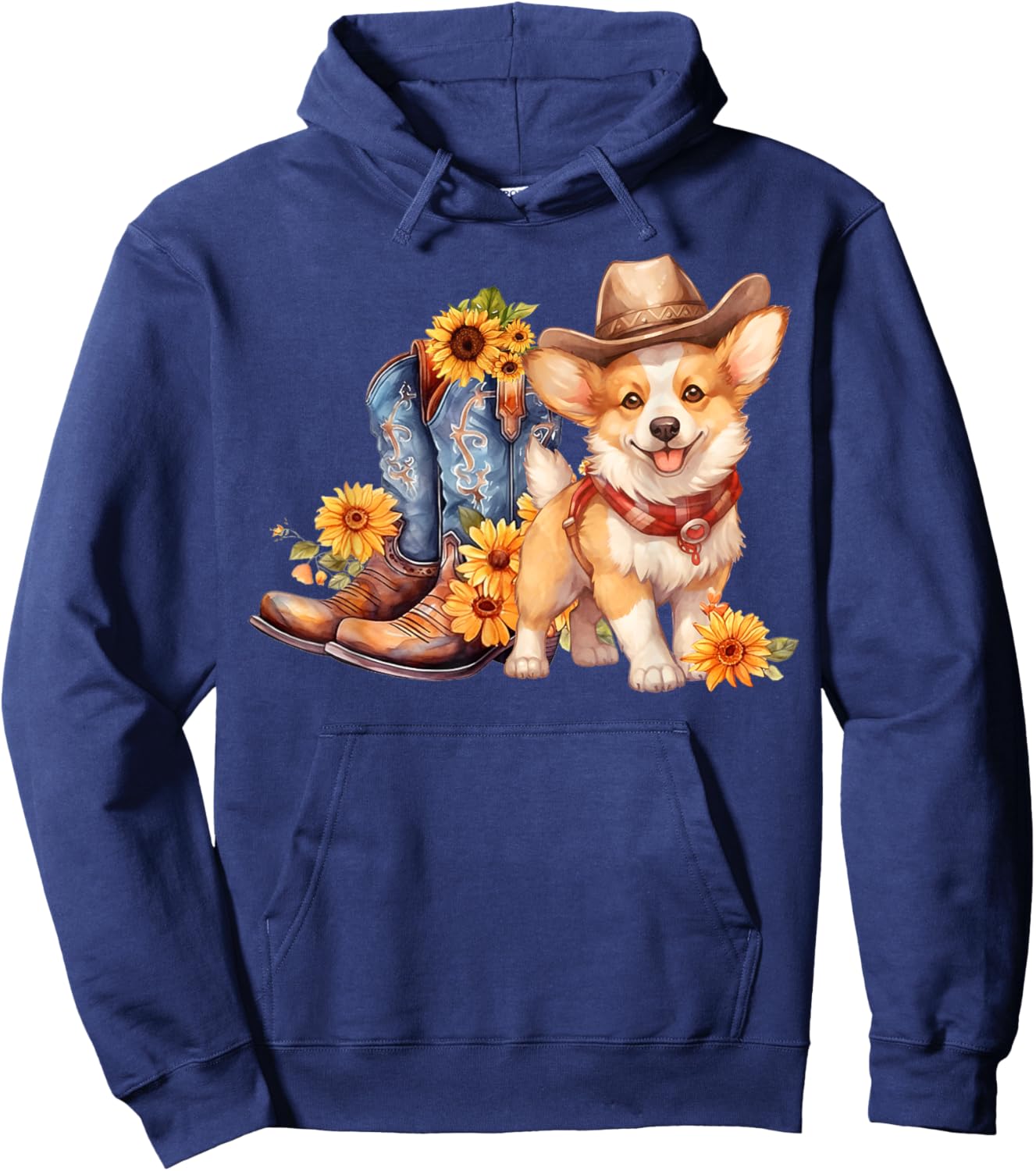 Pembroke Welsh Corgi Dog Cowgirl boots Cowboy hat Sunflower Hoodie - Hoodie | Navy