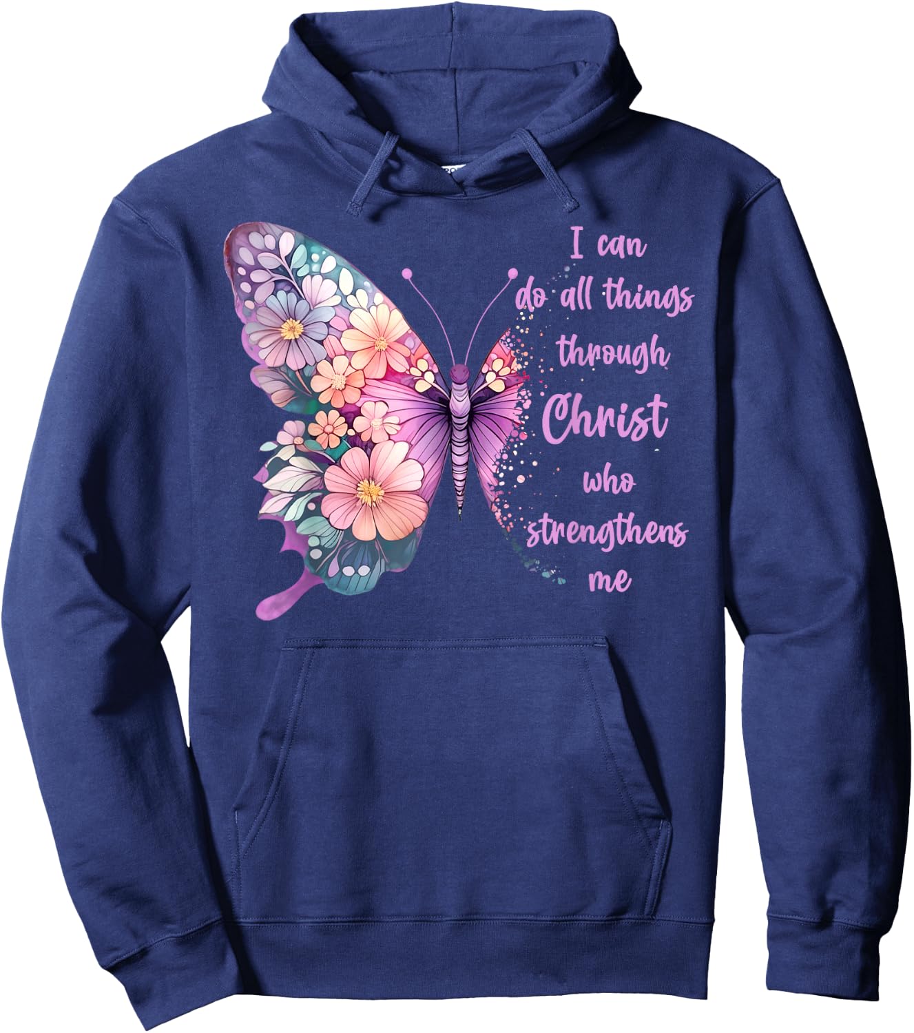 Jesus Shirts Apparel And Accessories I Can Do All Things Through Christ Pretty Butterfly -Adults Kids Black Small Hoodie - Hoodie | Navy