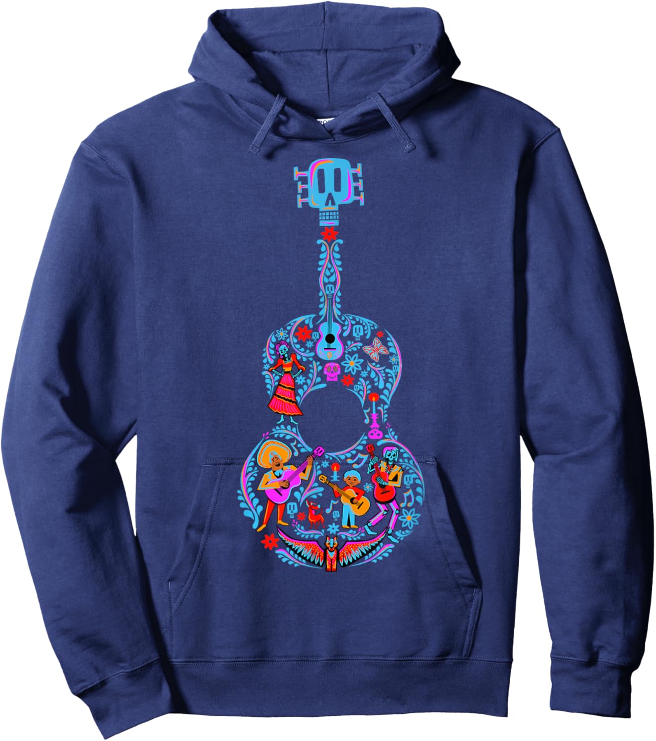 Disney Pixar Coco Guitar Collage Day Of The Dead Style Logo Hoodie - Hoodie | Navy