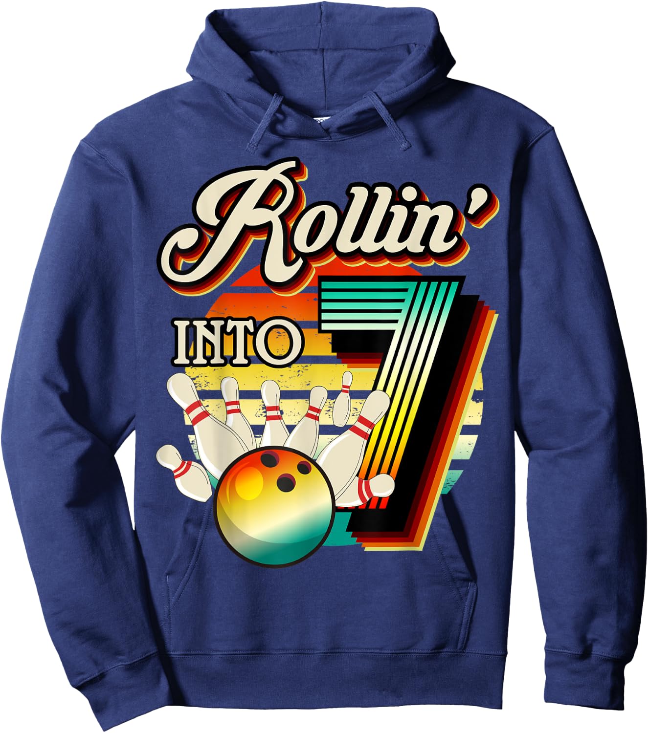 Rollin into Bowling 7 Year Old Retro Birthday 7th Bday Party Hoodie - Hoodie | Navy
