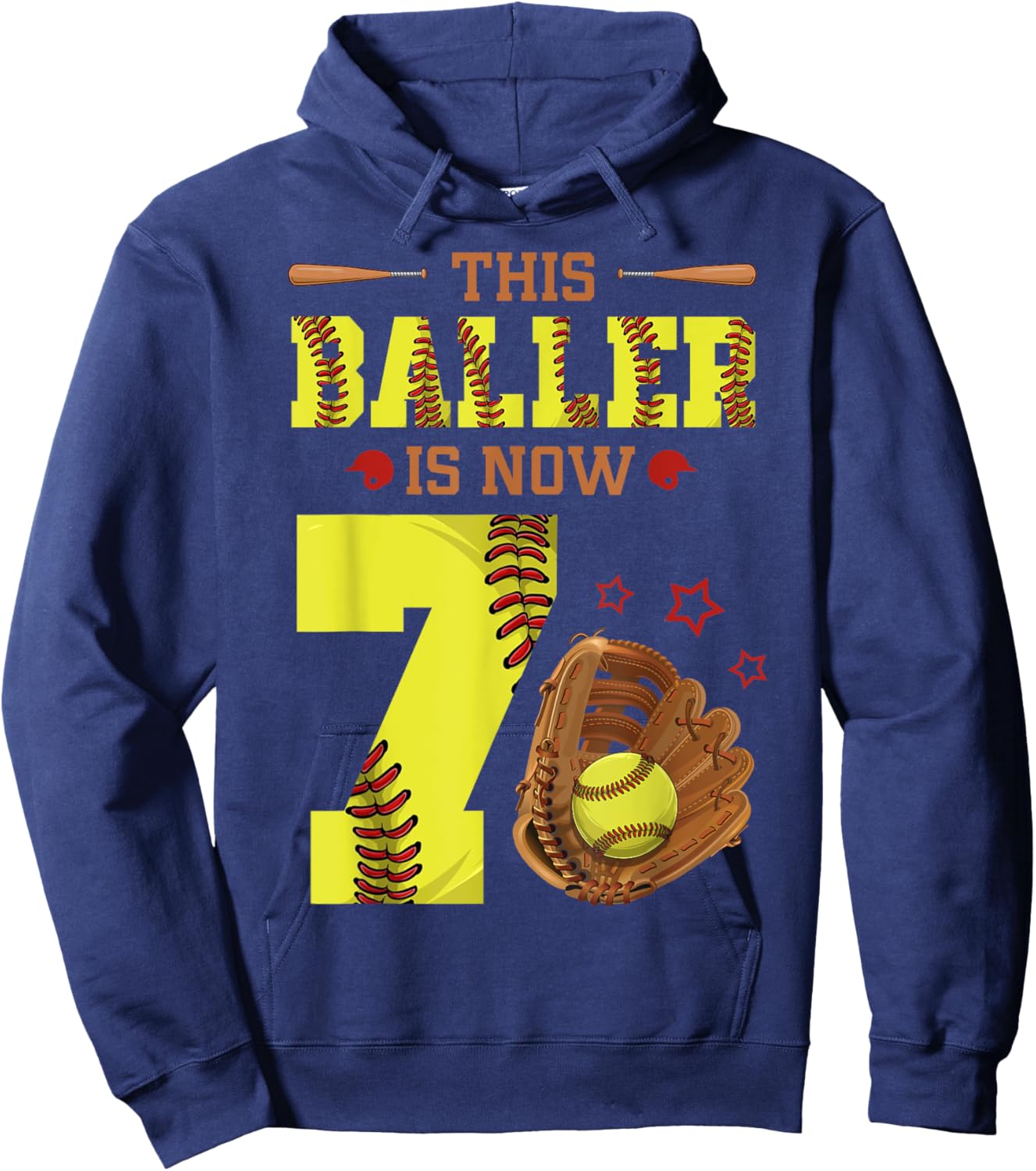 7th Birthday Softball This Baller Is Now Seven Girl 7 Yr Old Hoodie - Hoodie | Navy