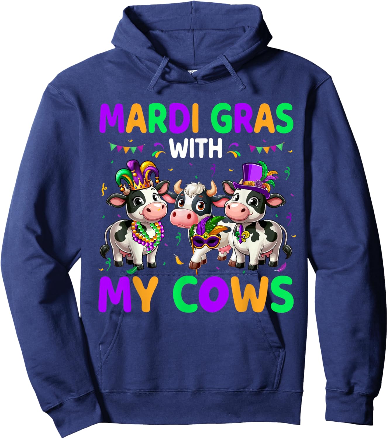 Mardi Gras With My Cows Three Cute Cows Masked Beads Parades Hoodie - Hoodie | Navy