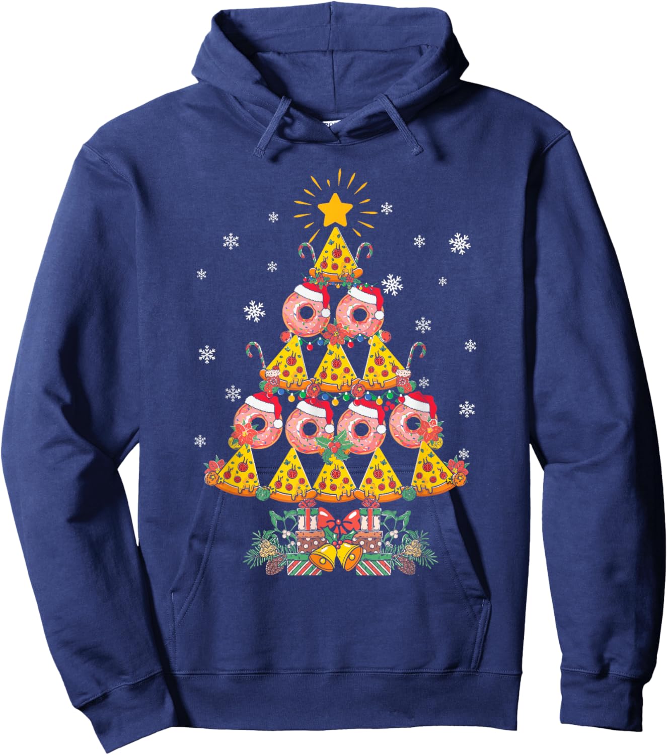 Pizza & Donut Funny Christmas Tree Merry Xmas Crustmas light Hoodie - Hoodie | Navy
