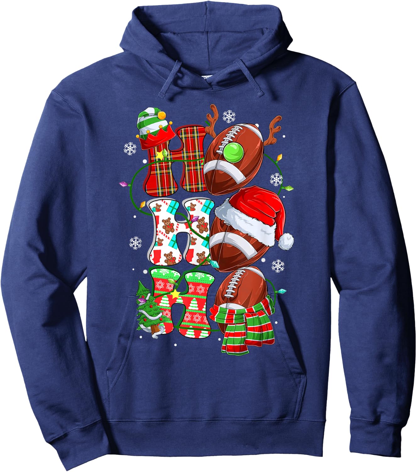 Christmas Ho Ho Ho Santa Reindeer Matching Football Pajama Hoodie - Hoodie | Navy