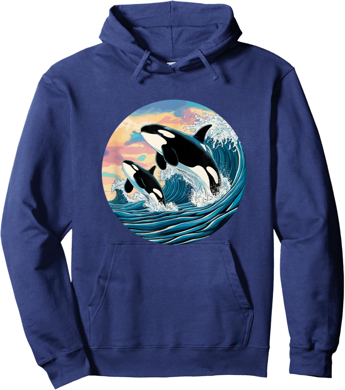 Orca Wave Ocean Sunset Marine Life Fan Outfit Kids Black Small Modern Cartoon Orca Jumping Waves Ocean Sunset Marine Life Enthusiast Hoodie - Hoodie | Navy