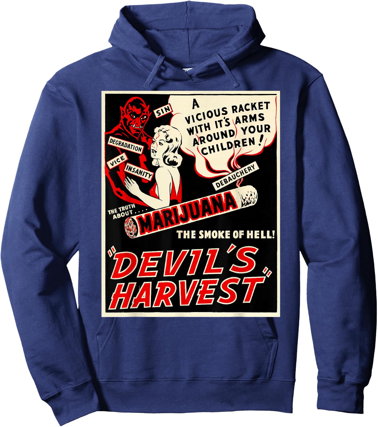 Retro Weed Art-Devil's Harvest Marijuana Weed Propaganda Hoodie - Hoodie | Navy