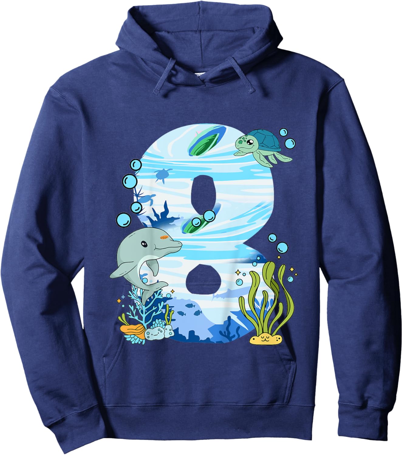 Underwater 8 Years Old - Dolphin And Turtle 8th Birthday Hoodie - Hoodie | Navy
