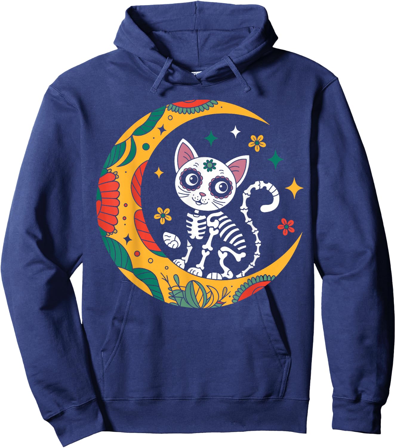 Cat And Moon Skull Dia De Los Muertos Day Of The Dead Hoodie - Hoodie | Navy