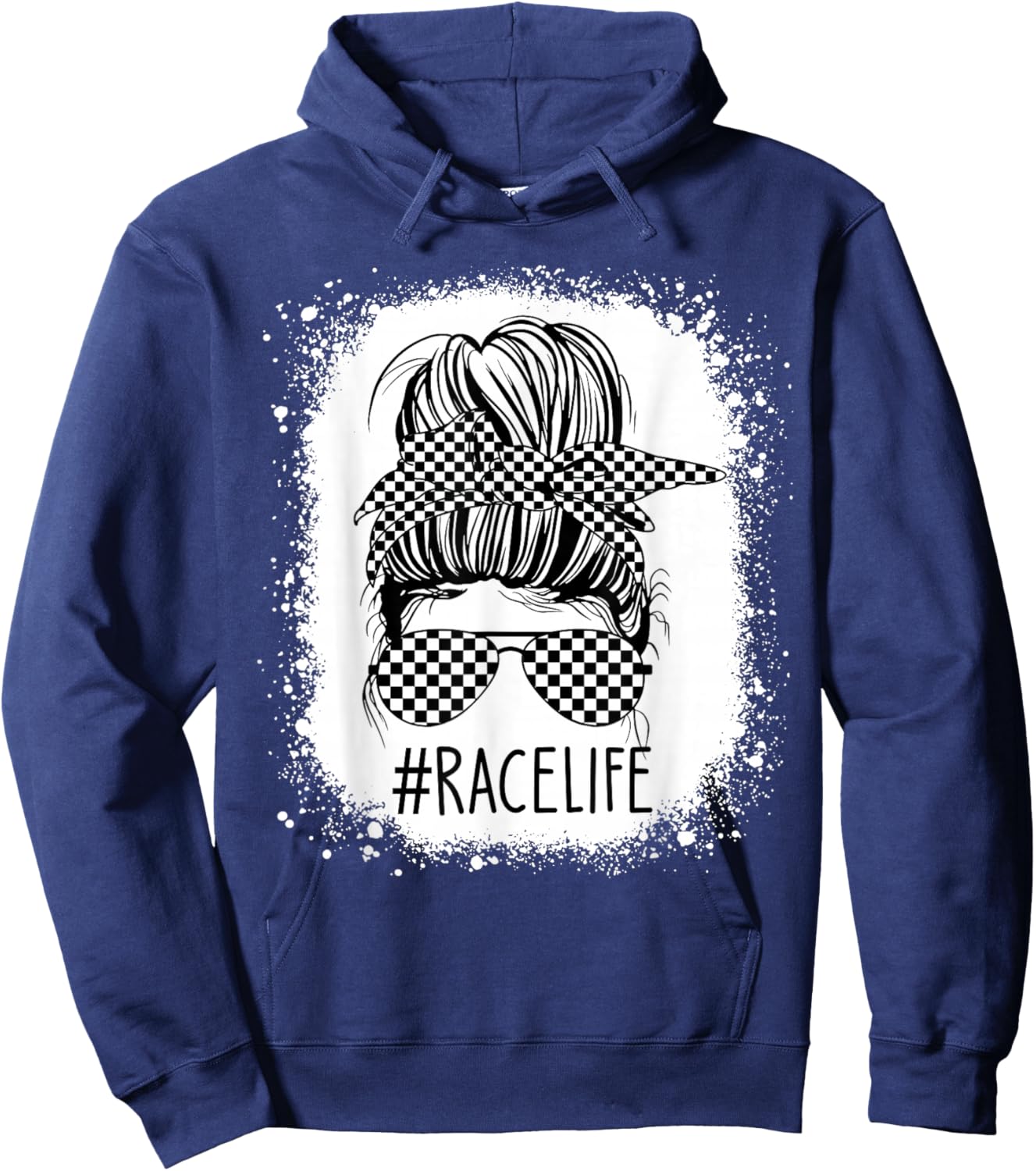 Race Life Messy Bun Bleached Race Car Checkered Racing Women Hoodie - Hoodie | Navy