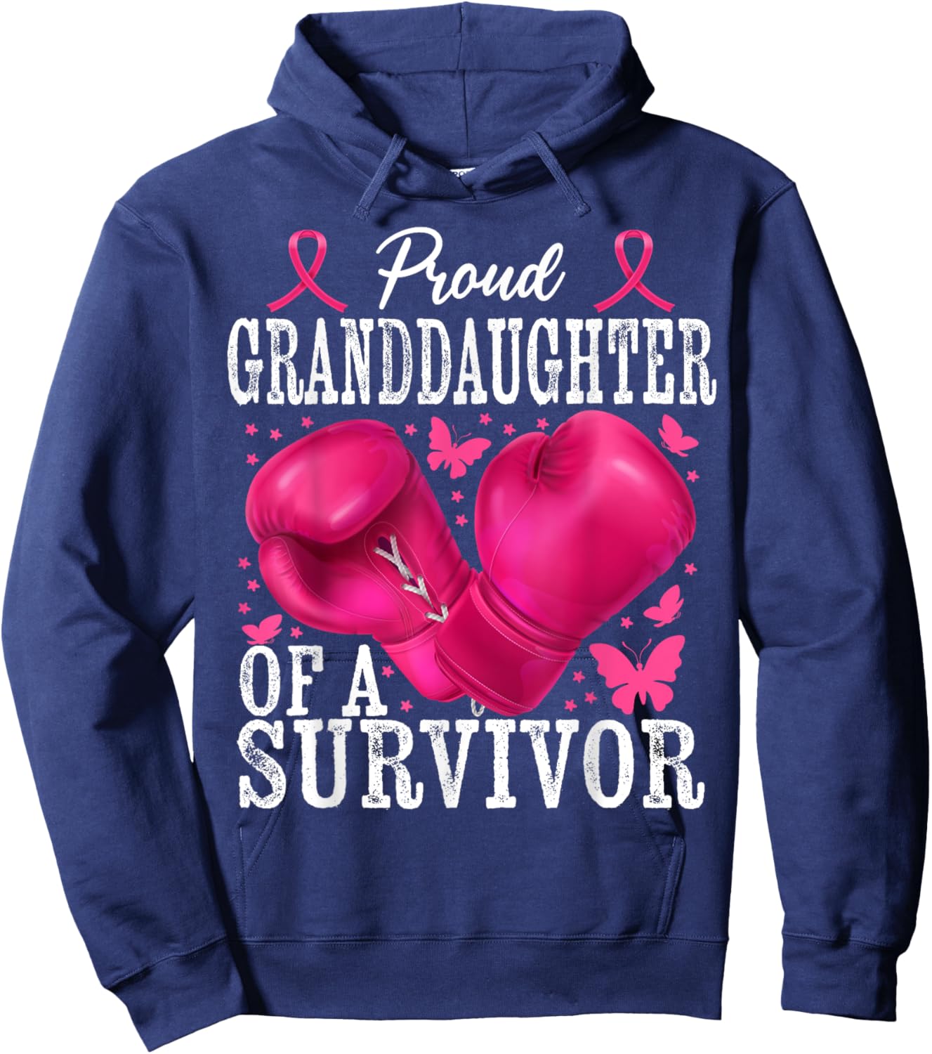 Proud Granddaughter Survivor Breast Cancer Boxing Glove Pink Hoodie - Hoodie | Navy