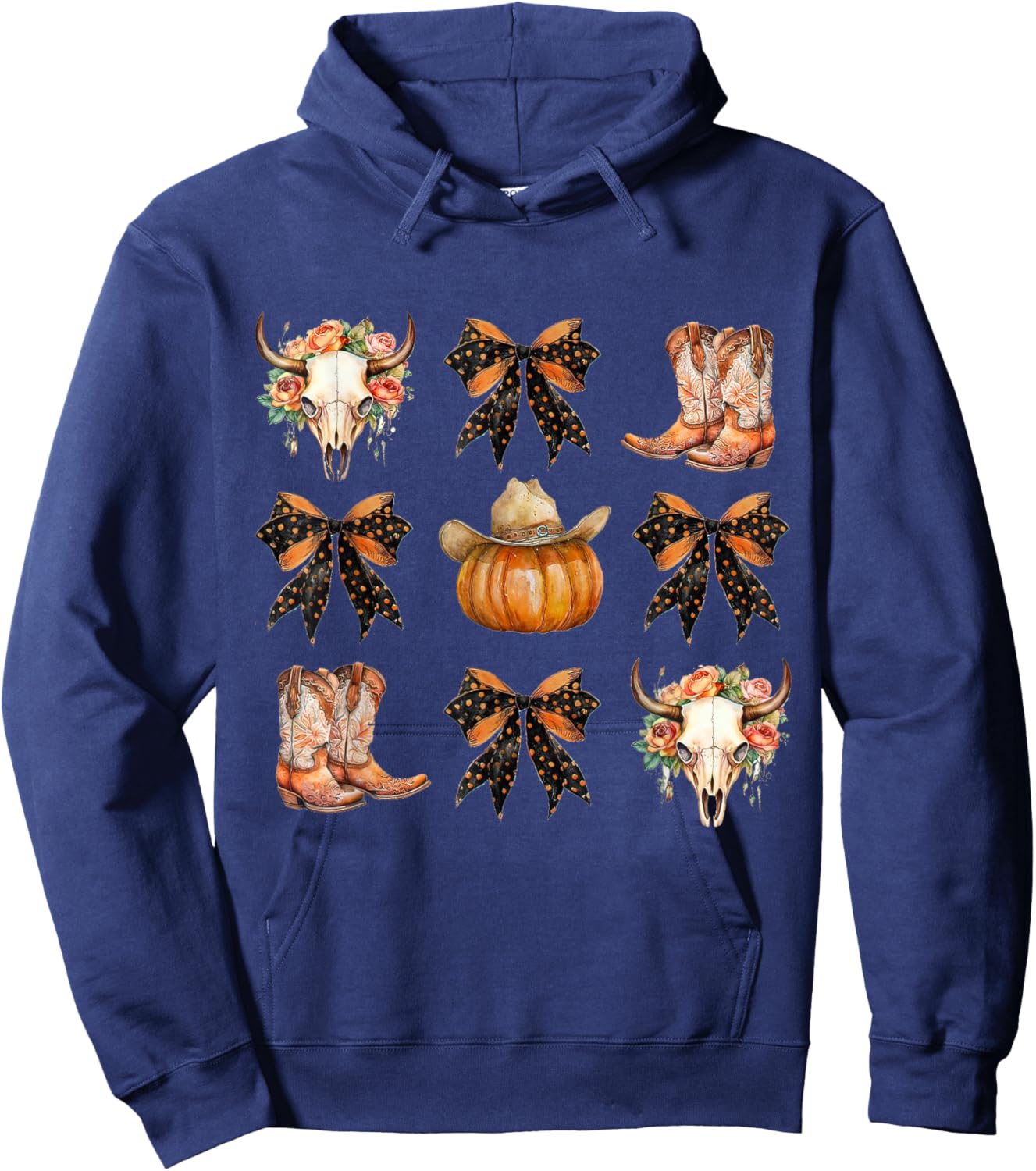 Coquette Bow Halloween, Skull Western Autumn, Howdy Pumpkin Hoodie - Hoodie | Navy
