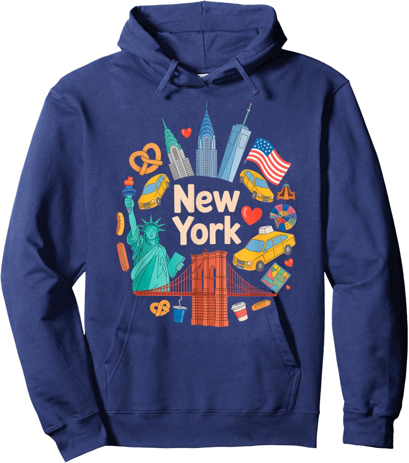 New York City Icons Cartoon Style Urban Collage Art Hoodie - Hoodie | Navy