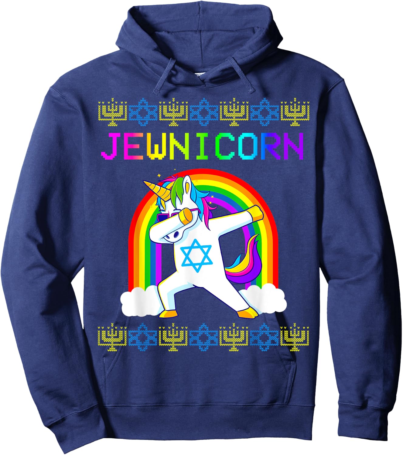 Jewnicorn Ugly Hanukkah Sweater Dabbing Unicorn Chanukah Hoodie - Hoodie | Navy