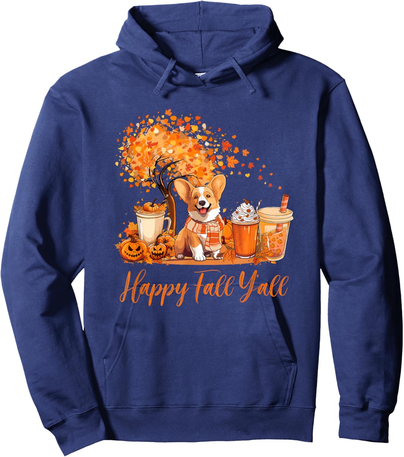 Happy Fall Y'all Corgi Autumn Pumpkin Spice Latte Hoodie - Hoodie | Navy