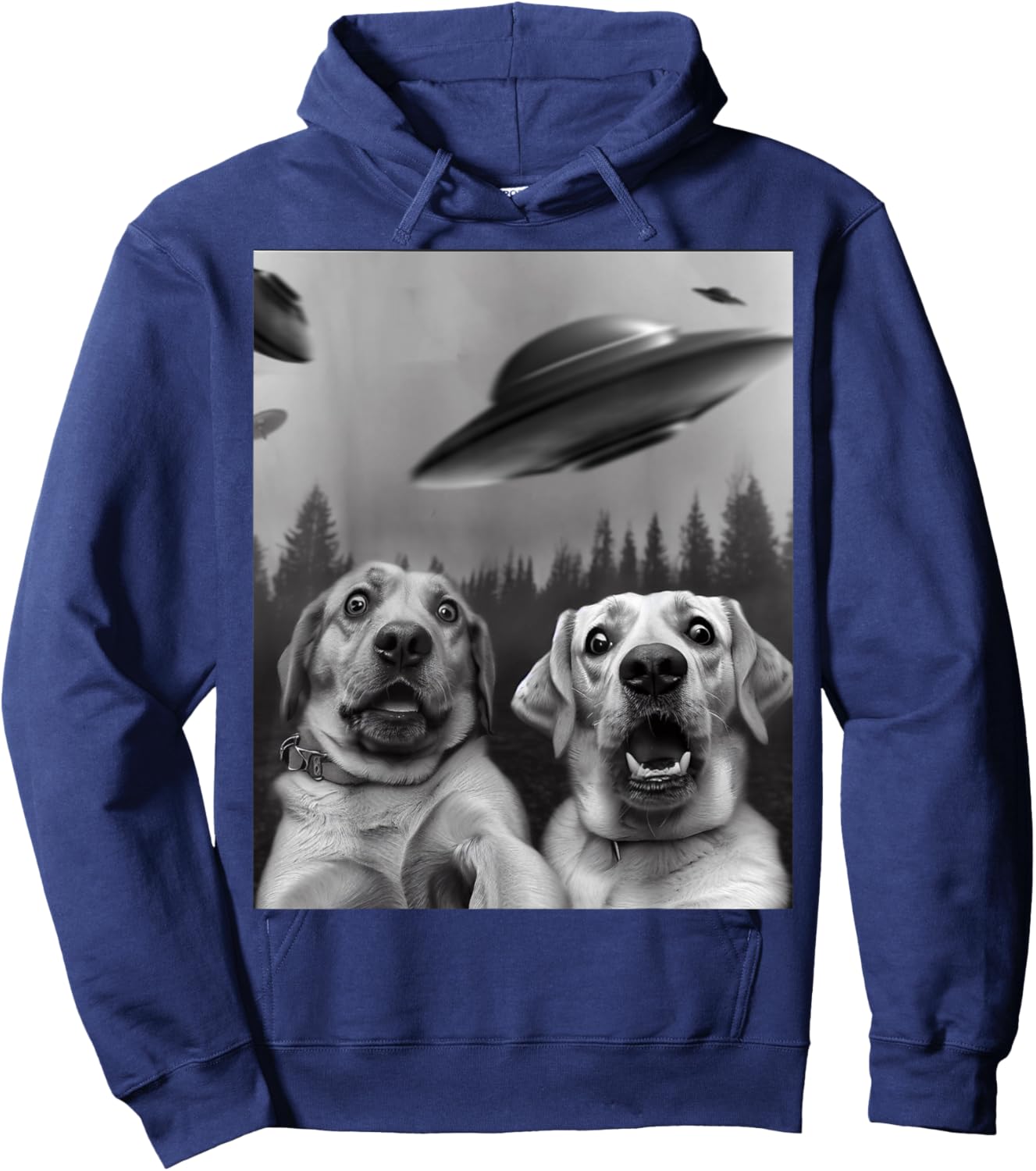 "Labrador Selfie" Funny Two Scaredy-Dogs and UFOs in Forest Hoodie - Hoodie | Navy