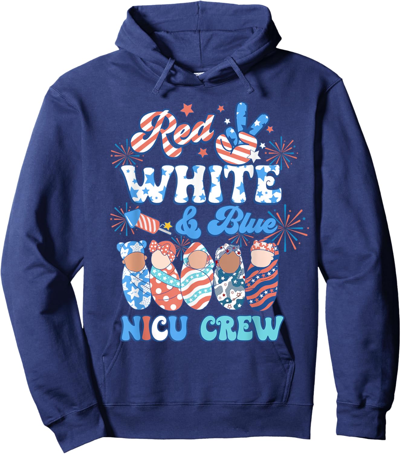 Groovy Red White Blue NICU Crew NICU Nurse 4th Of July Women Men Hoodie - Hoodie | Navy