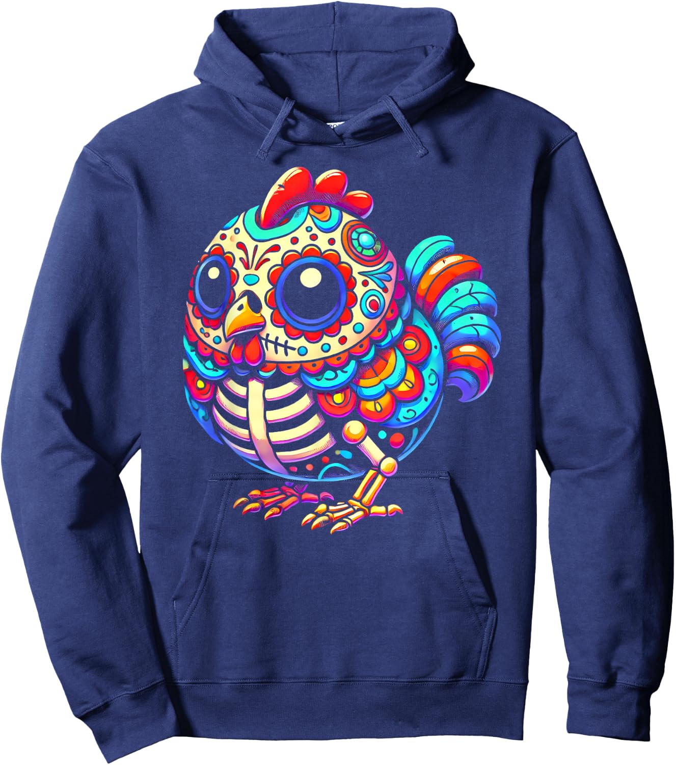 Colorful Sugar Skull Chicken Día de los Muertos Fun Skeleton Hoodie - Hoodie | Navy