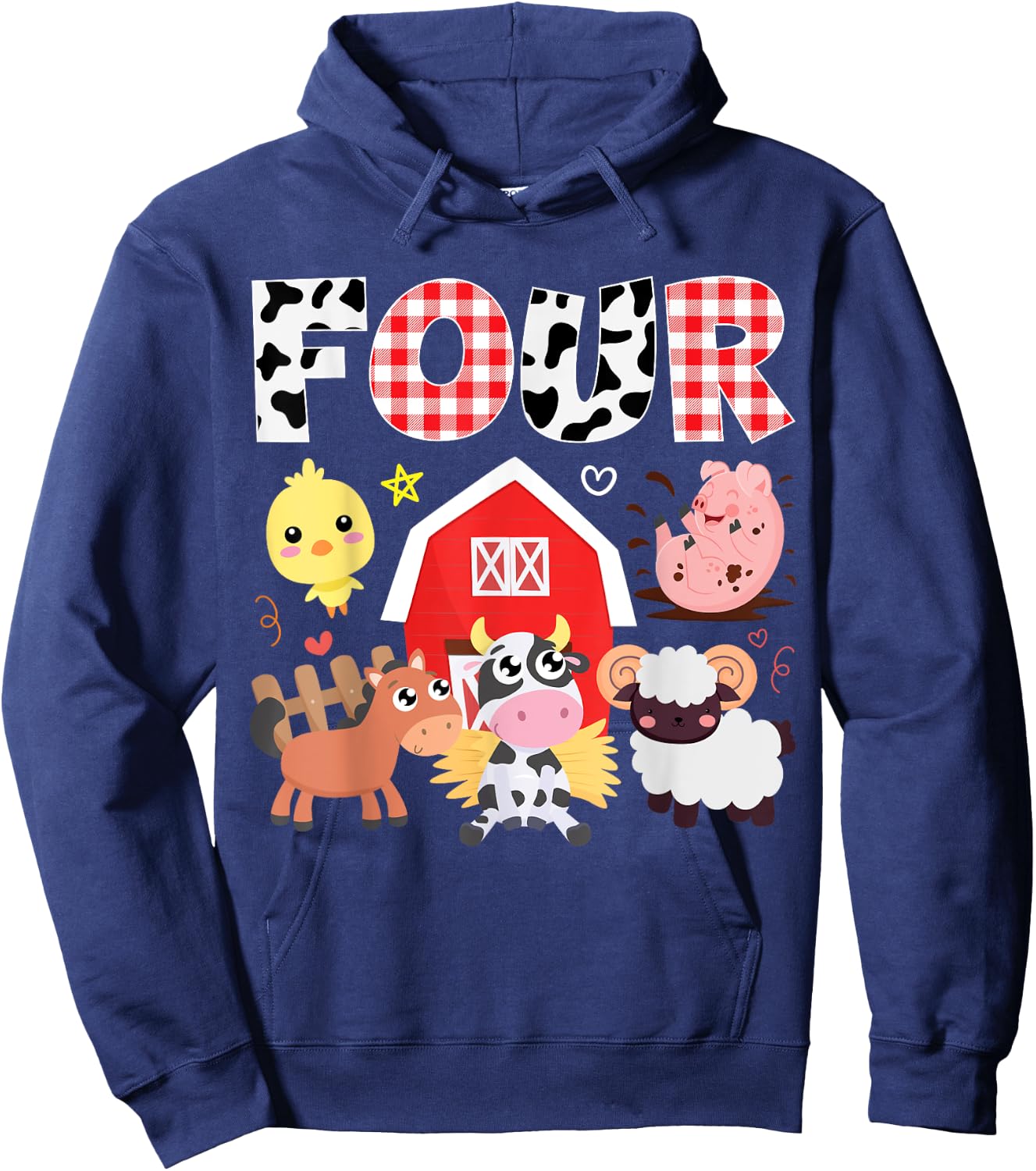 4th Birthday Four Year Old Farm Theme Animals Birthday Party Hoodie - Hoodie | Navy