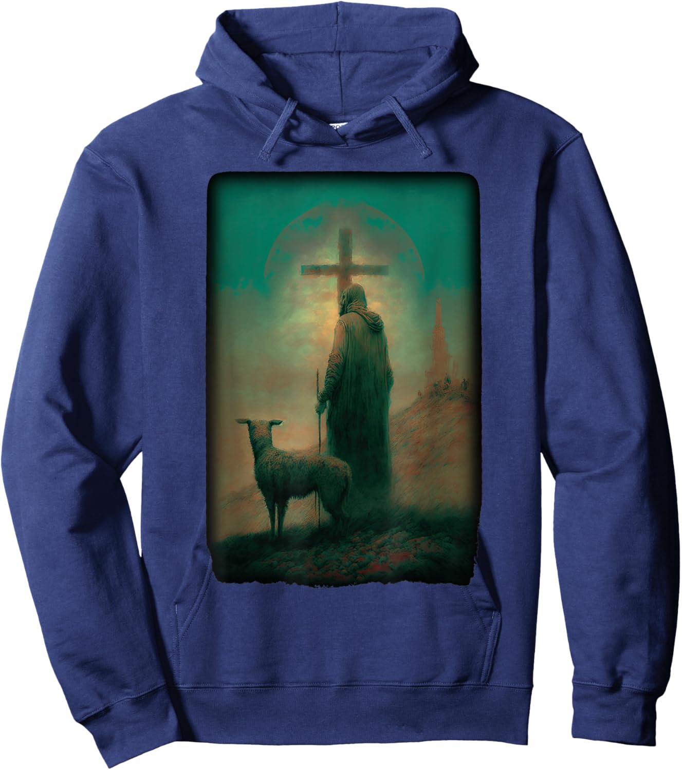 Biblical Jesus Lamb of God Sheep Shepard with Cross Old Art Hoodie - Hoodie | Navy