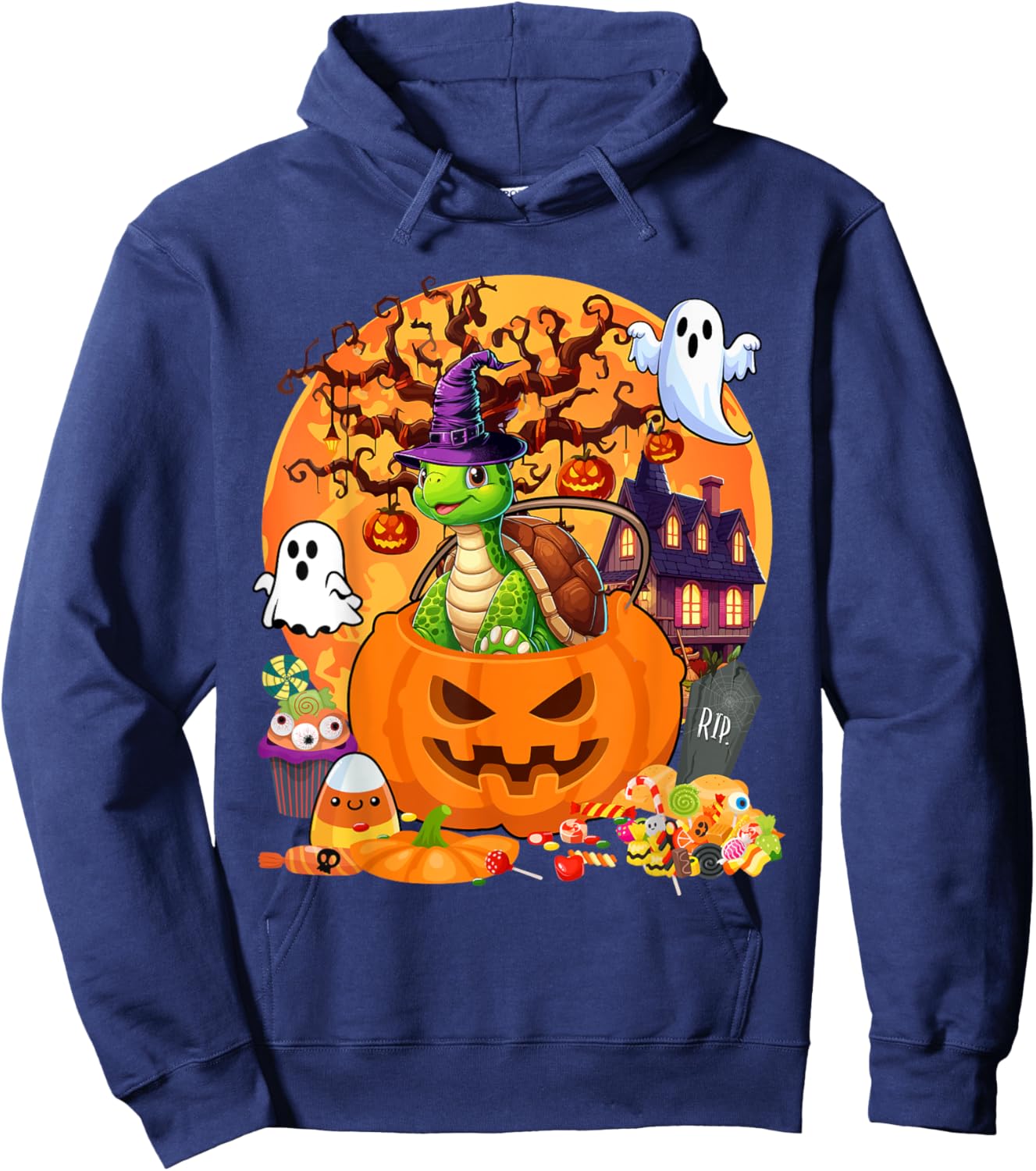 Turtle Cosplay Witch In Carved Pumpkin Basket Halloween Hoodie - Hoodie | Navy
