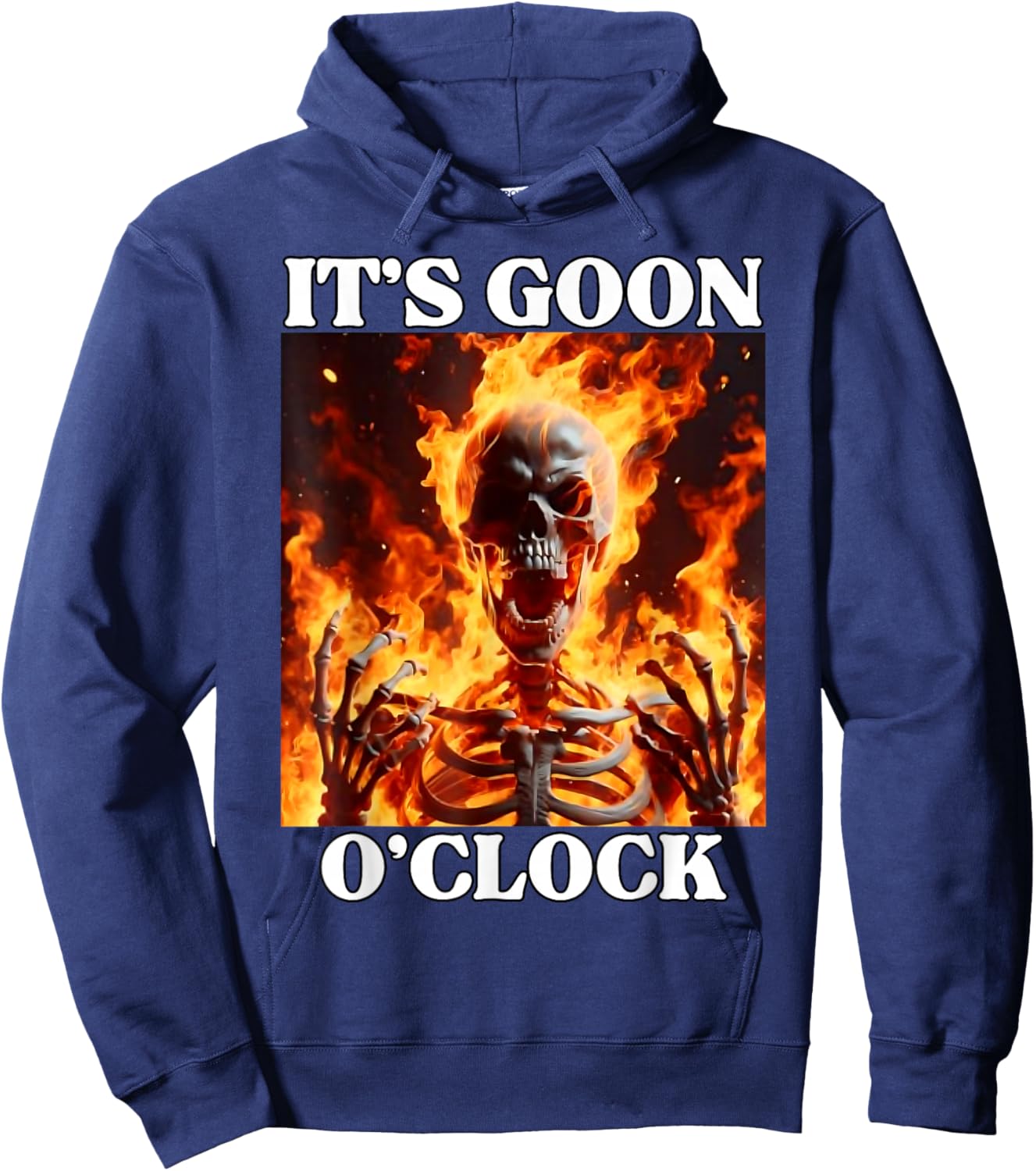 Gooning O'clock Funny Cringe Hard Skeleton Meme Flames Hoodie - Hoodie | Navy