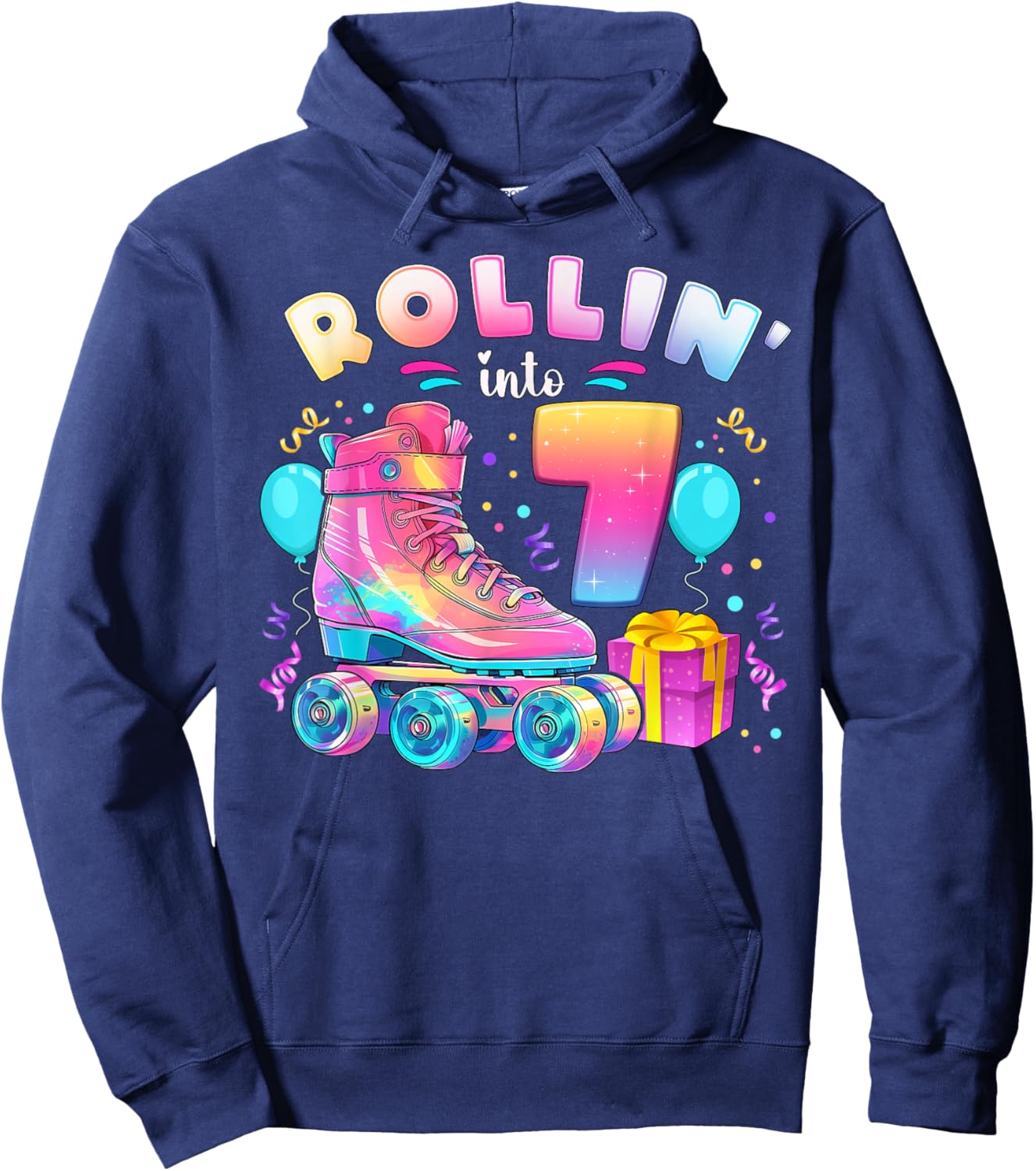 7th Birthday Girl 7 Years Roller Skates Number 7 Hoodie - Hoodie | Navy