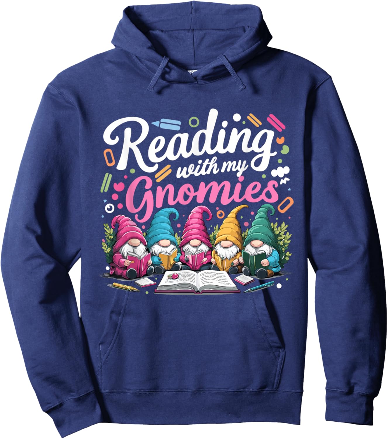 Cute Reading With My Gnomies,Funny Gnome Book Bookworm Lover Hoodie - Hoodie | Navy