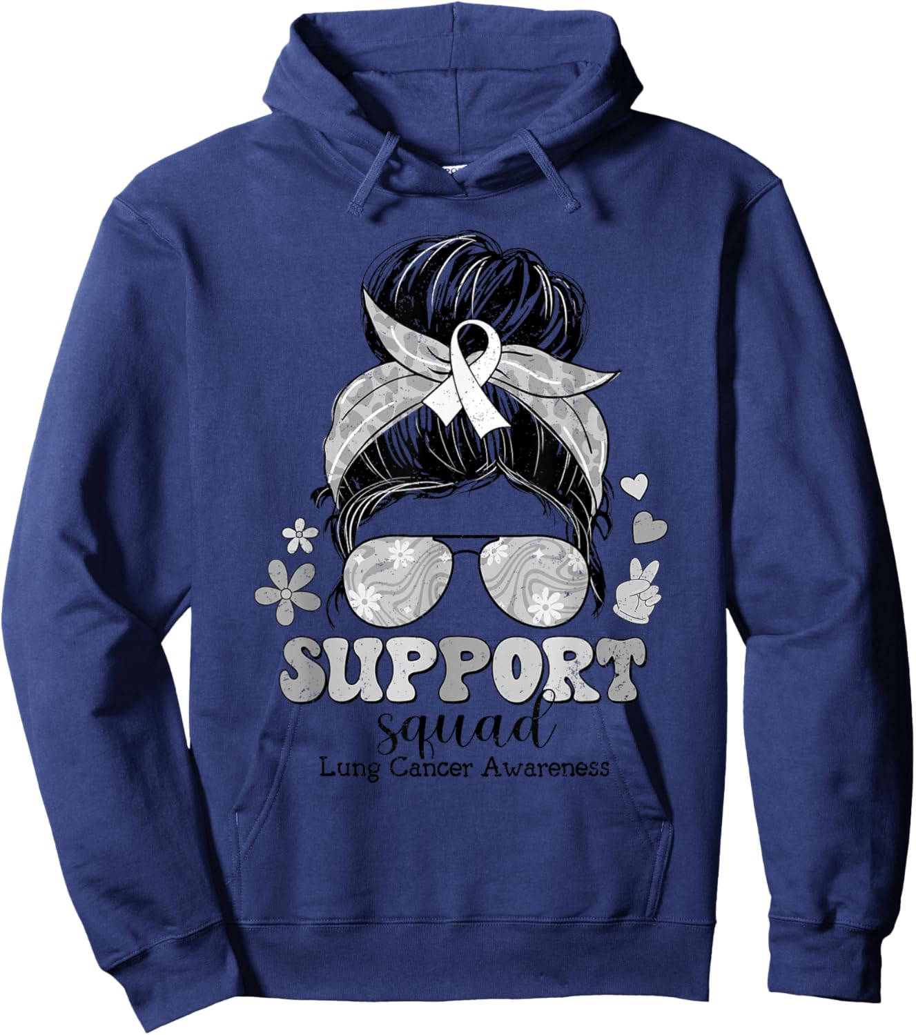 Groovy Support Squad Messy Bun Lung Cancer Awareness Hoodie - Hoodie | Navy