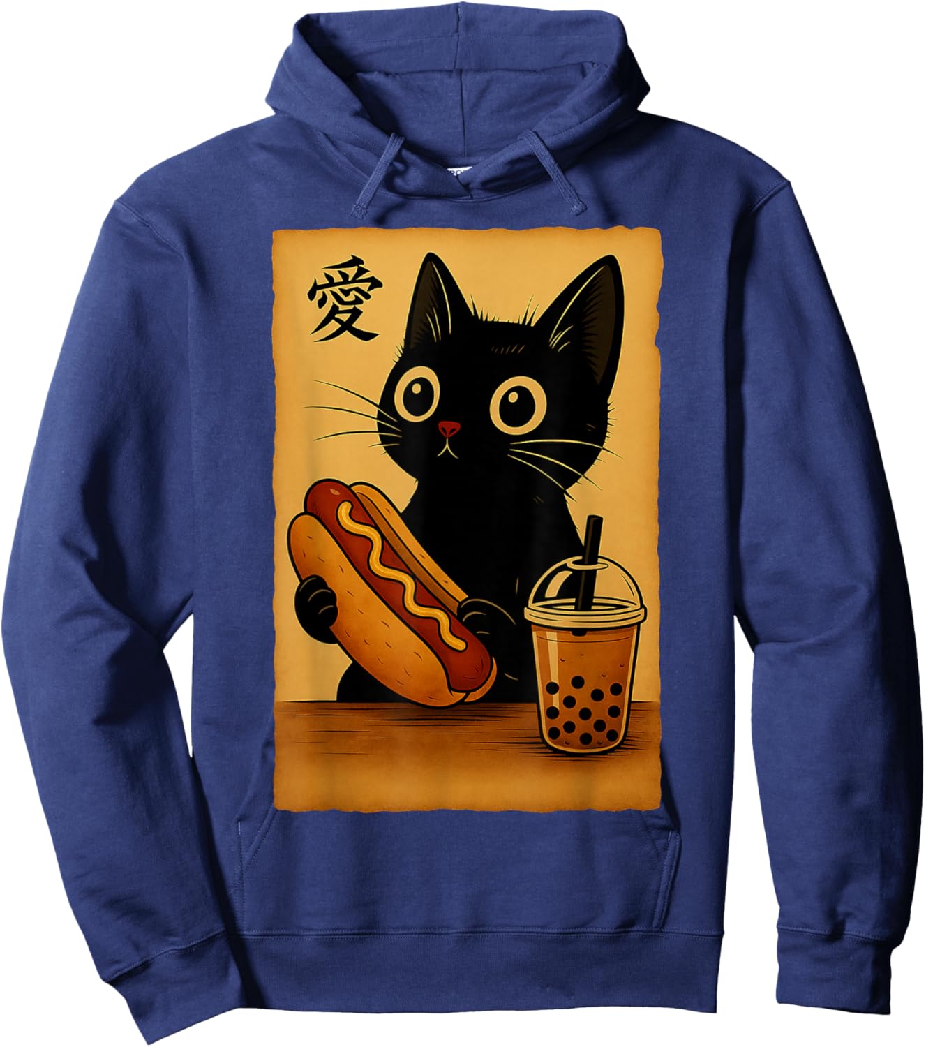 Japanese Kawaii Anime Cat Hotdog Aesthetic Cat Eating Hotdog Hoodie - Hoodie | Navy