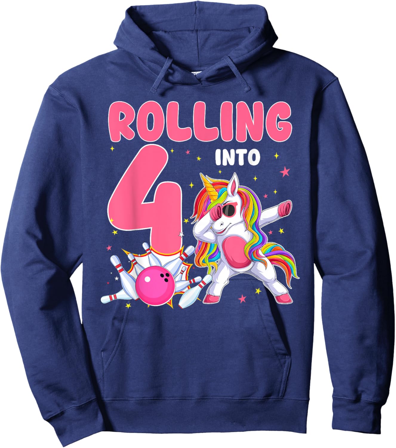Rolling Into 4 4th Birthday Unicorn Bowling 4 Year Old Hoodie - Hoodie | Navy