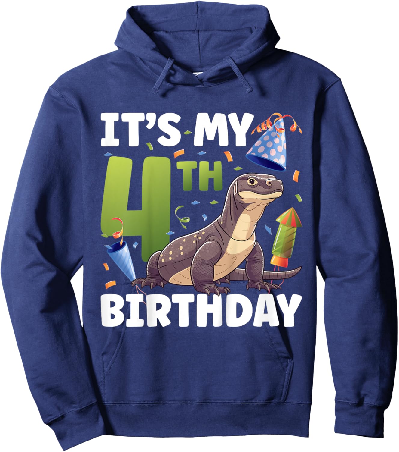 Kids 4th Komodo Dragon Birthday Party Four Year Old Komodo Dragon Hoodie - Hoodie | Navy