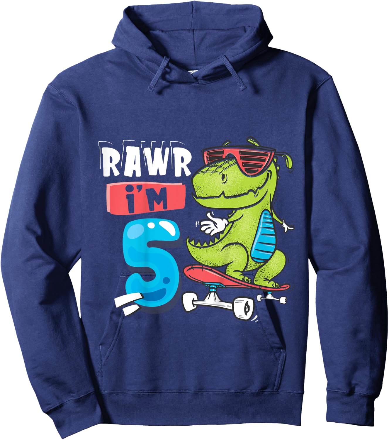 Kids Rawr I'm 5 T Rex Dinosaur Skateboard 5th Birthday For Boys Hoodie - Hoodie | Navy