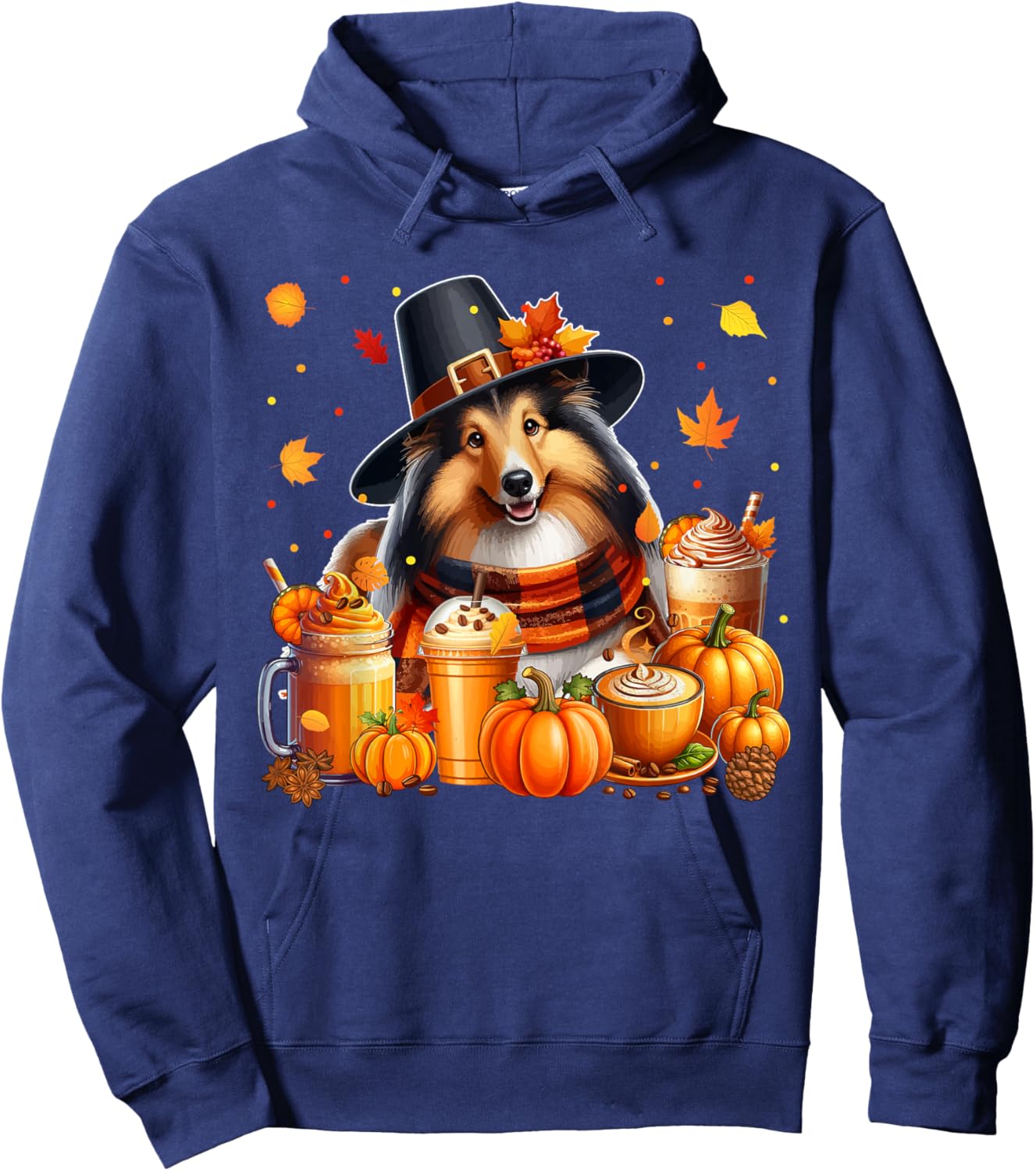 Sheltie Thanksgiving Drinks Coffee Fall Leaves Pumpkins Hoodie - Hoodie | Navy