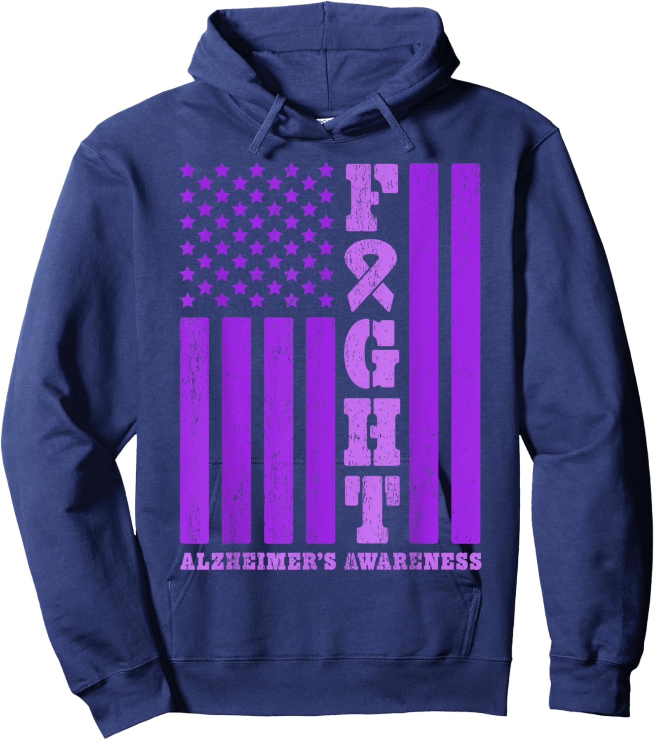 Fight Alzheimer's Awareness American Flag Purple Ribbon Hoodie - Hoodie | Navy