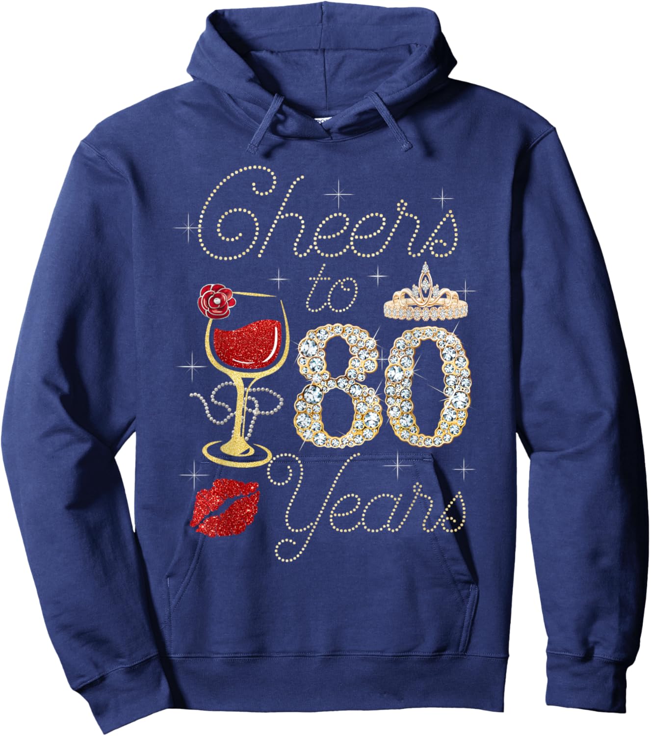 Cheers To 80 Years Wine Glass Women Funny 80th Birthday Hoodie - Hoodie | Navy