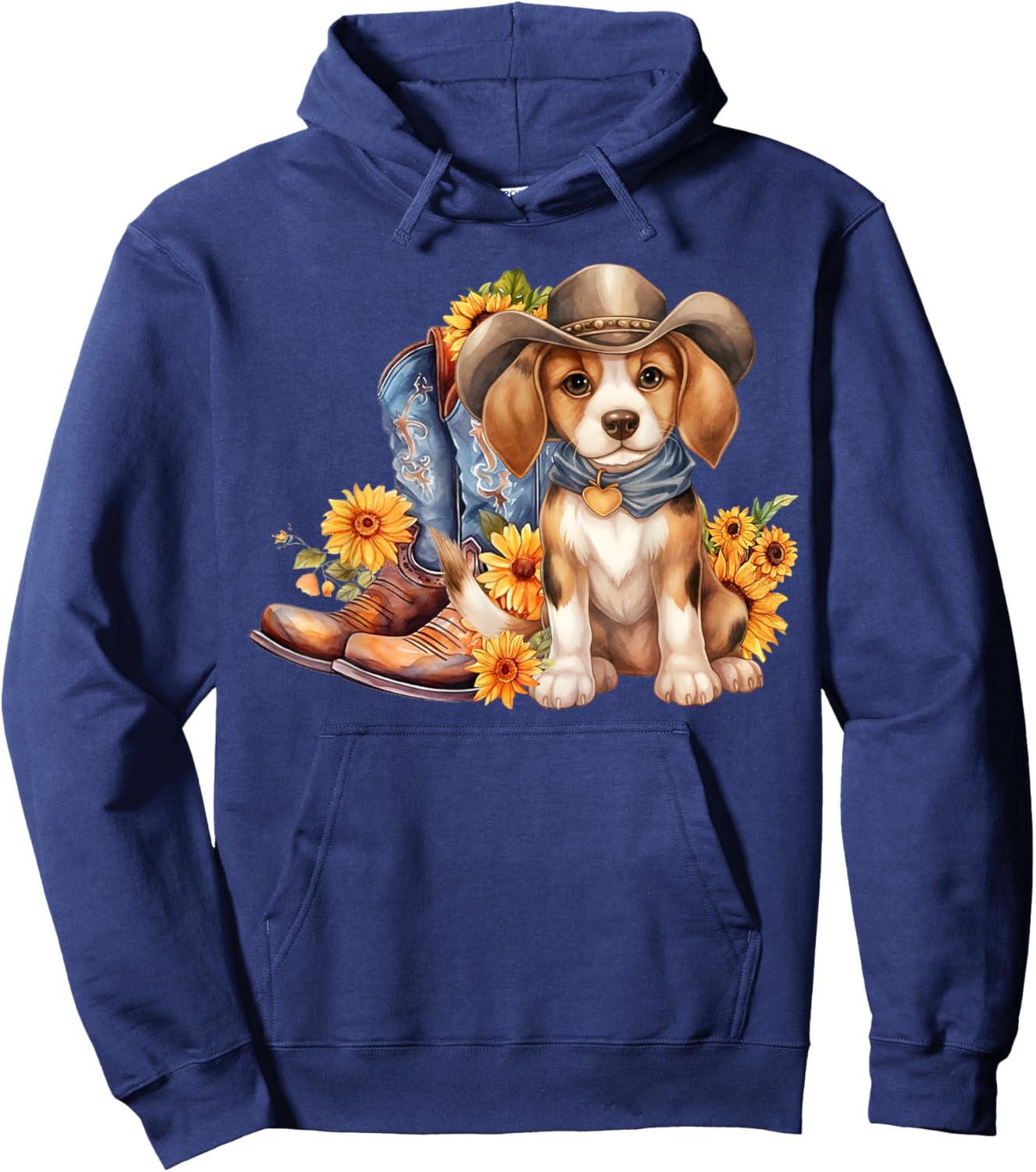 Beagle Dog Cowgirl boots Cowboy hat Sunflower Summer Hoodie - Hoodie | Navy