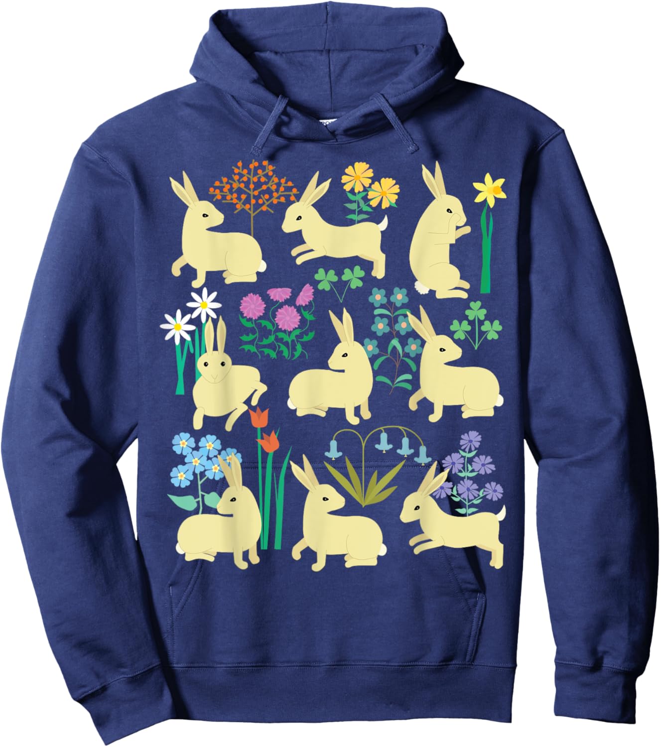 Playful little rabbits (bunnies) among colorful flowers Hoodie - Hoodie | Navy