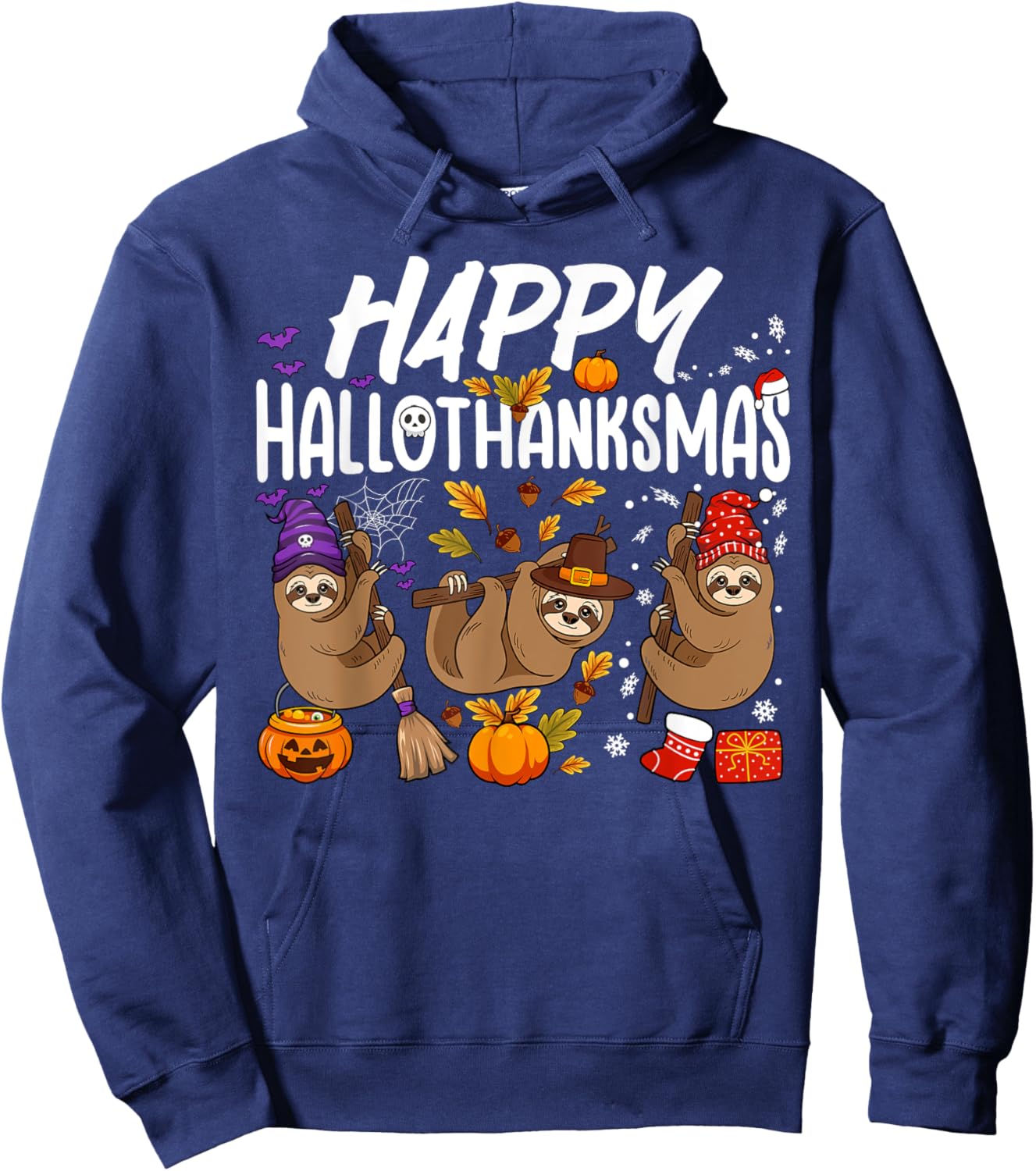 Happy HalloThanksMas Halloween Thanksgiving Christmas Sloth Hoodie - Hoodie | Navy