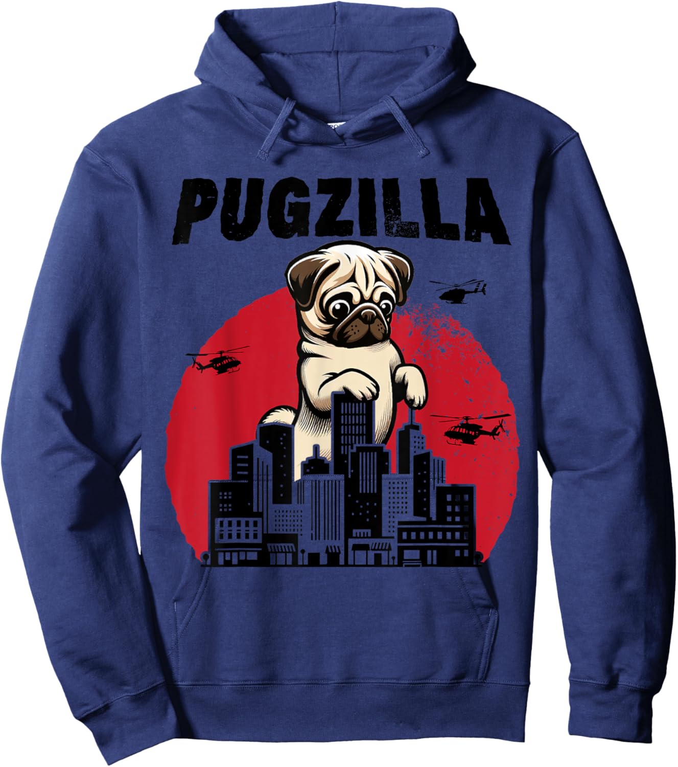 Pugzilla Funny Giant Pug Puppy in Classic Horror Japan City Hoodie - Hoodie | Navy