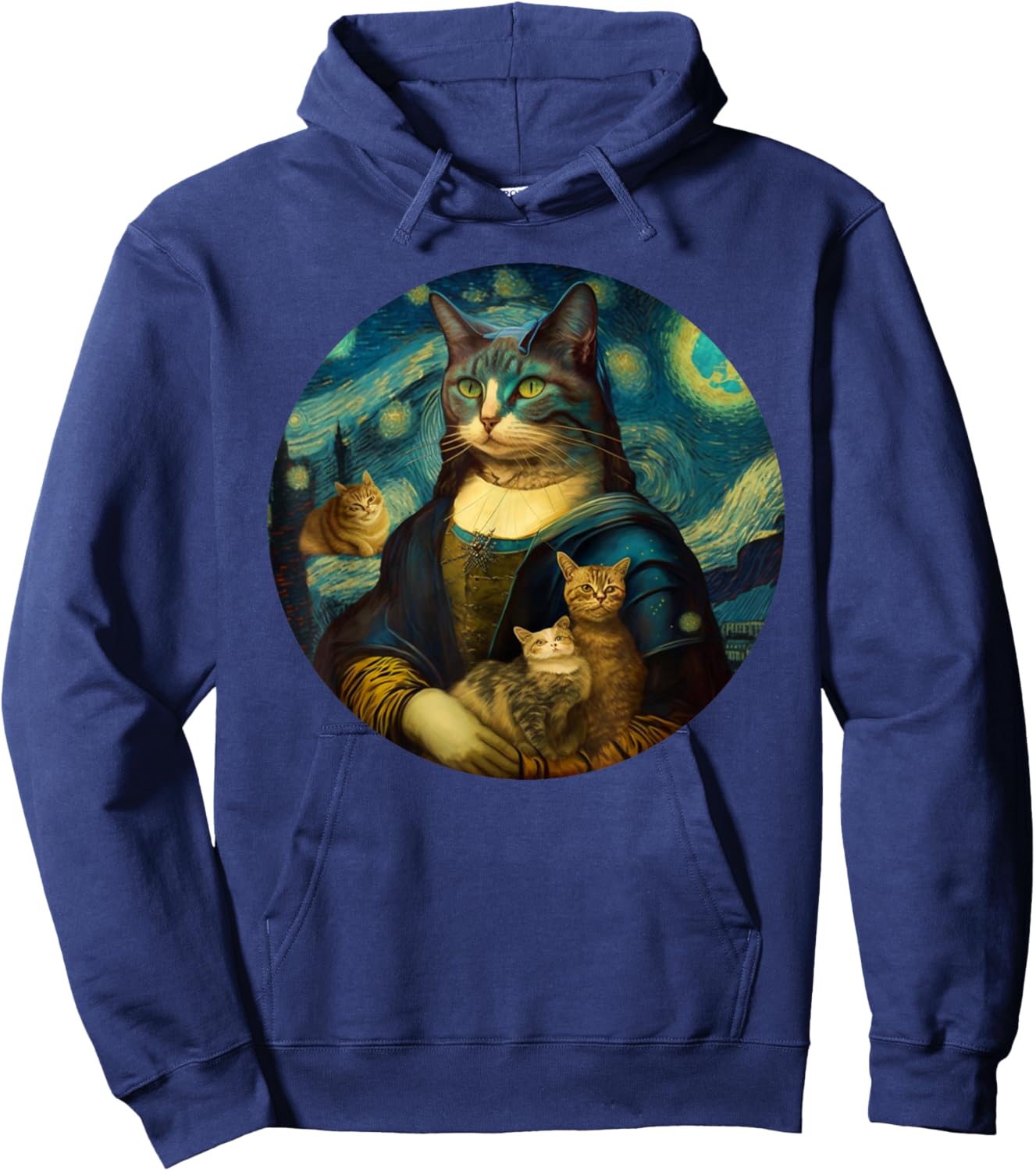 Mona Lisa With Cats Starry Night Van Gogh Funny Art Painting Hoodie - Hoodie | Navy