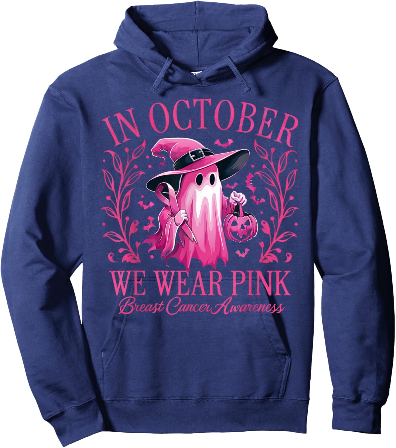 In October We Wear Pink Breast Cancer Awareness Halloween Hoodie - Hoodie | Navy