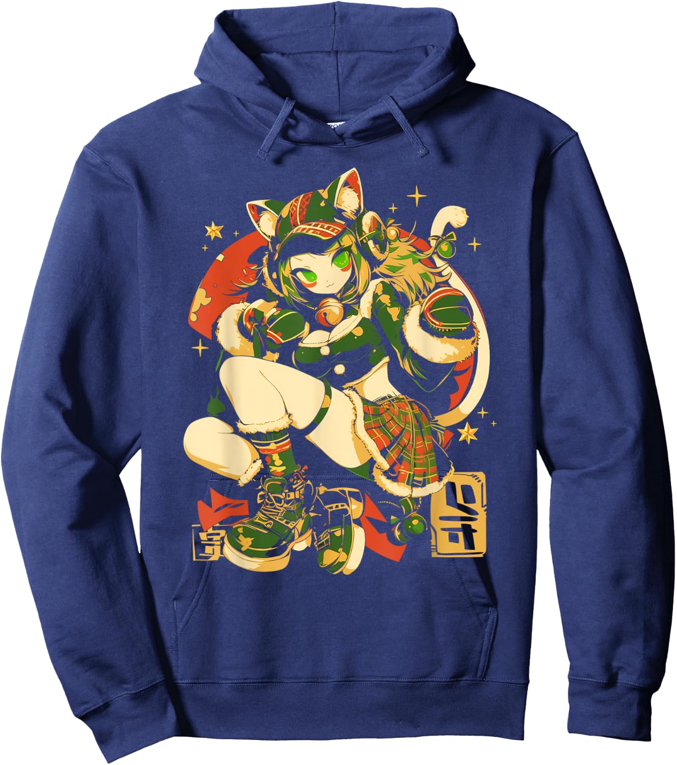 Alternative Christmas Manga Japan Anime Woman co. Christmas Cat Girl Anime Waifu Kawaii Japan Holiday Cute Hoodie - Hoodie | Navy