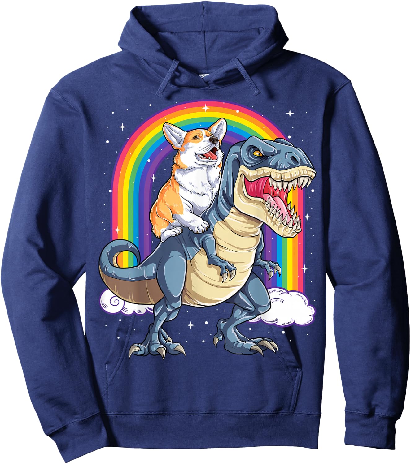 Corgi Riding Dinosaur T-rex Boys Girls Space Galaxy Rainbow Hoodie - Hoodie | Navy