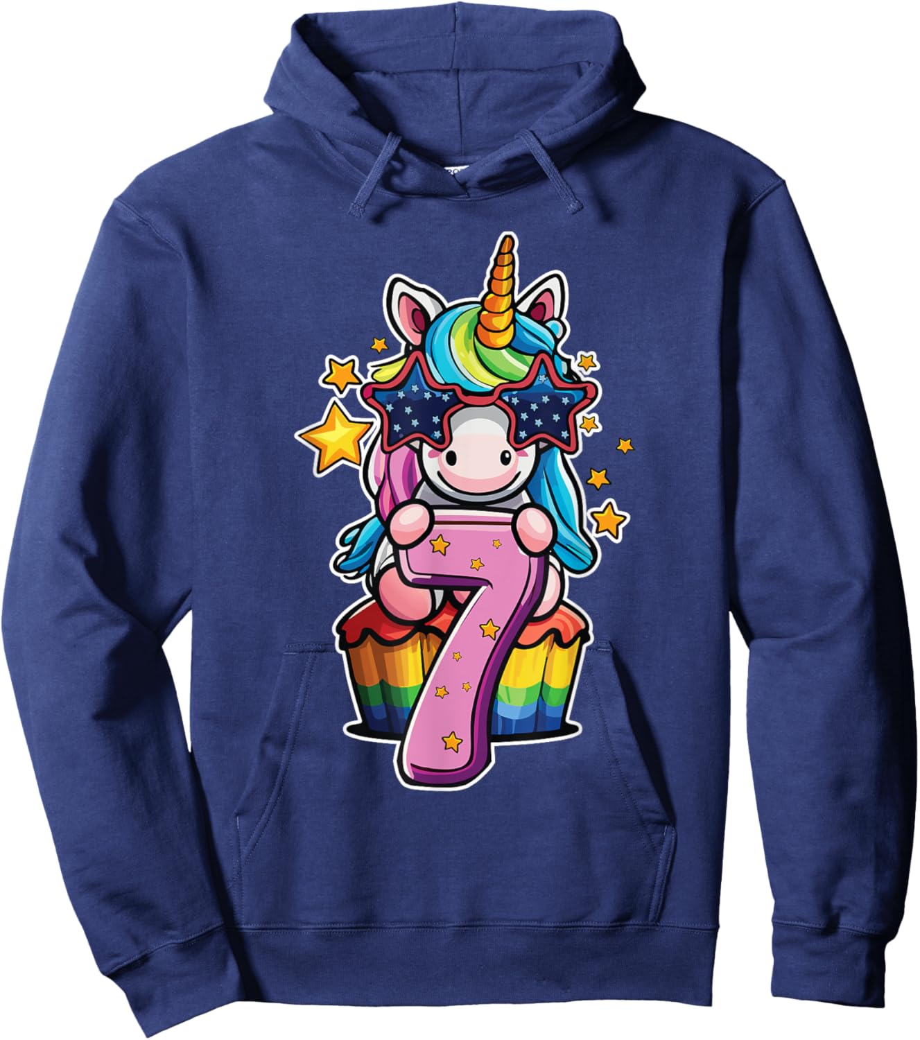 Unicorn Happy 7th Birthday Age 7 Rainbow Cupcake Cute Party Hoodie - Hoodie | Navy