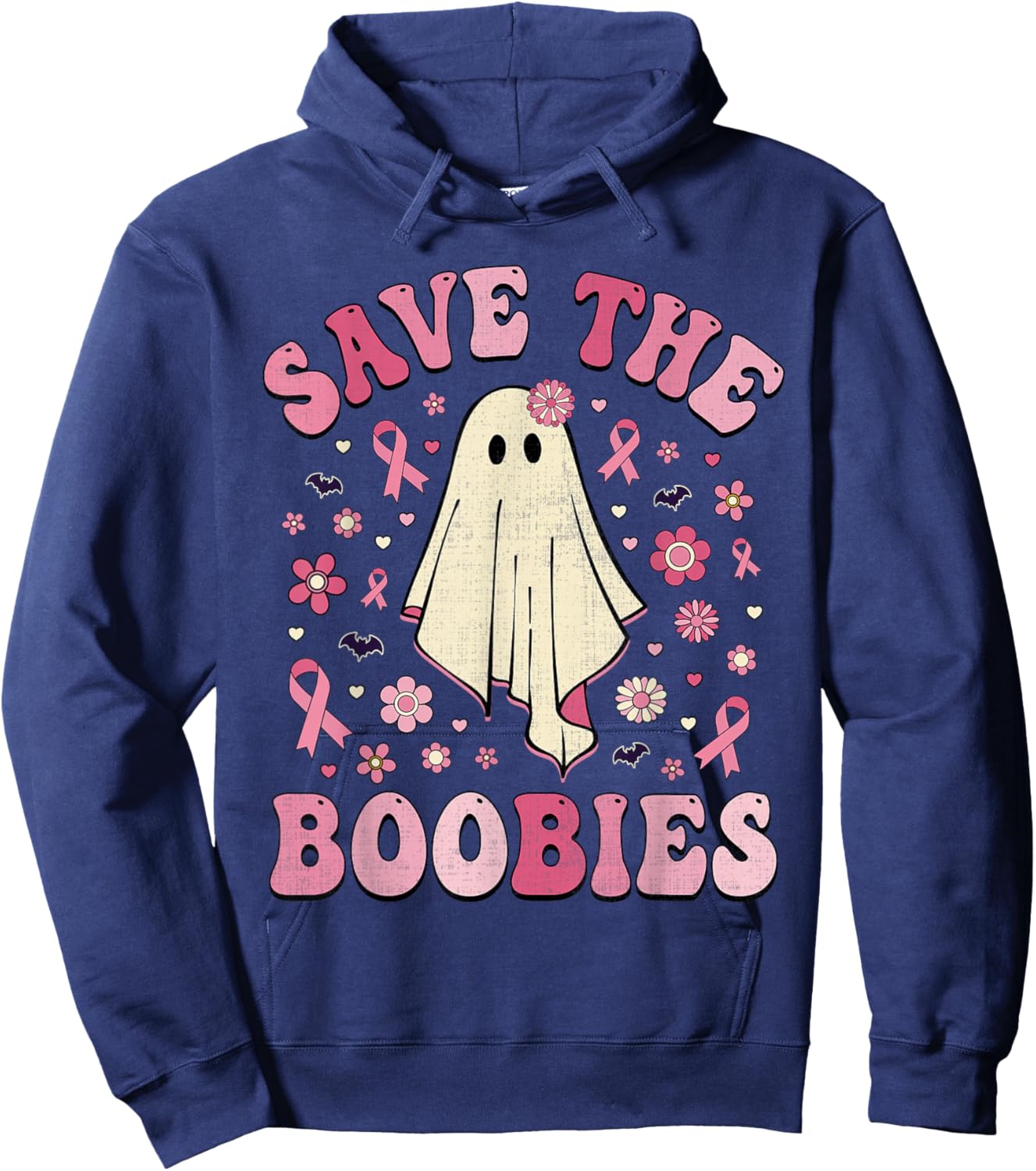 Save the Boobies Pink Halloween Ghost Breast Cancer Groovy Hoodie - Hoodie | Navy