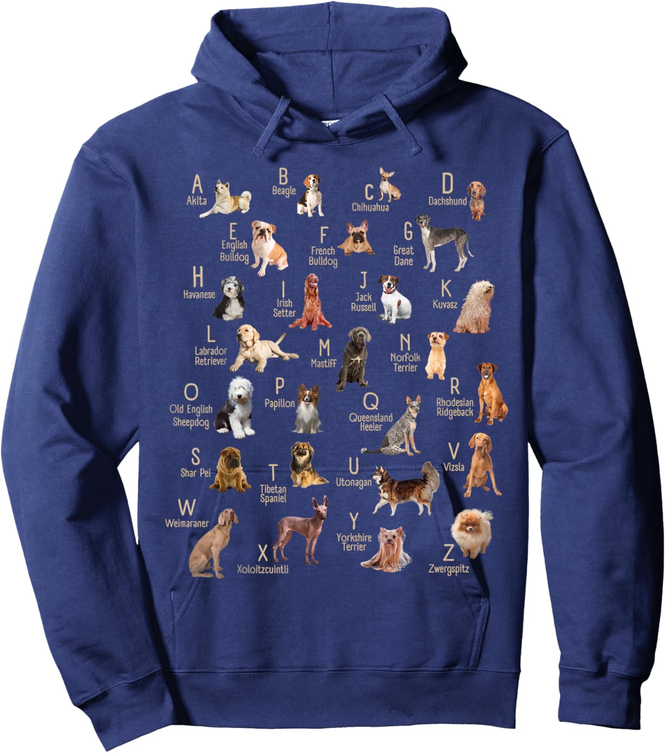A-Z Dog Breeds Cute ABC Learning Chart Teachers Dog Rescue Men Women Kids Hoodie - Hoodie | Navy