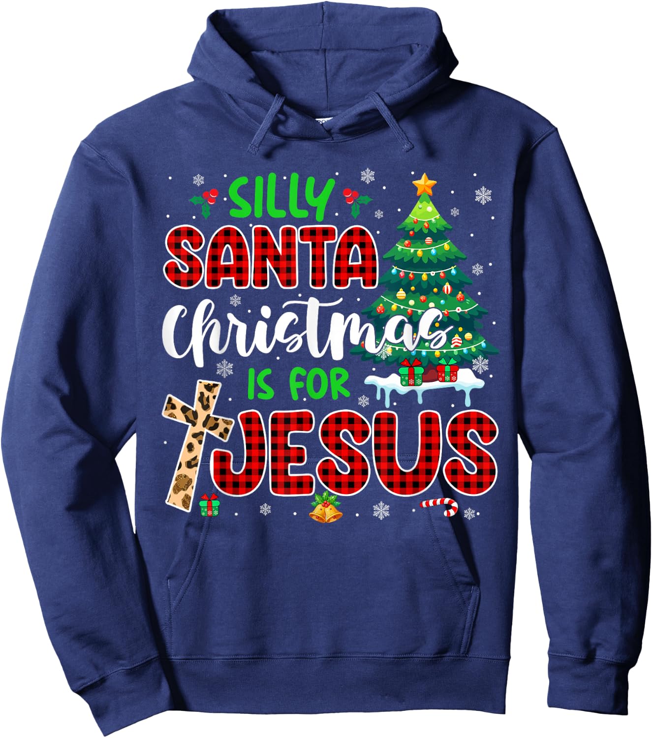 Silly Santa Christmas Is For Jesus Leopard Christian Cross Hoodie - Hoodie | Navy