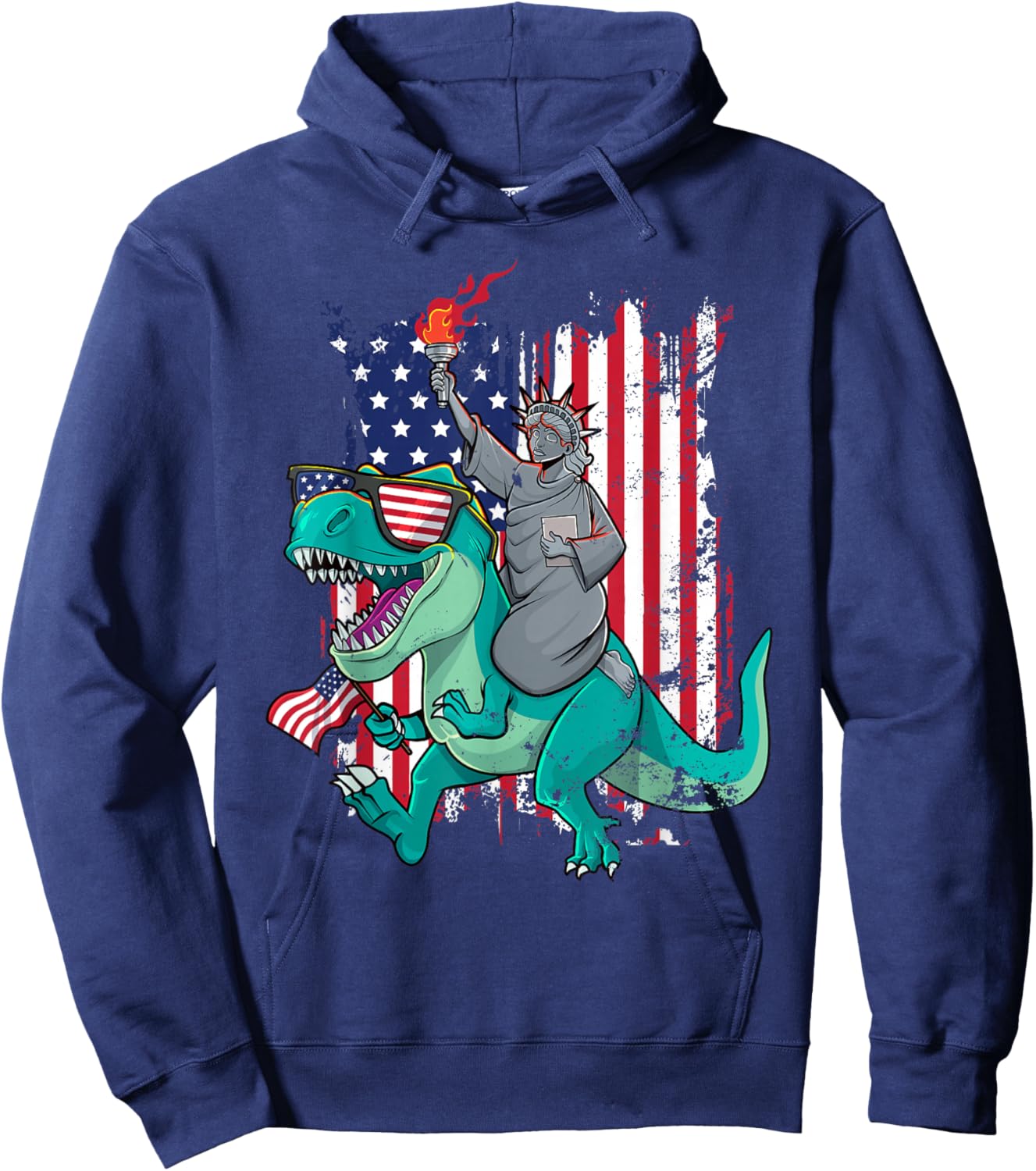 Fourth of July Funny Statue of Liberty Riding Dinosaur T-Rex Hoodie - Hoodie | Navy