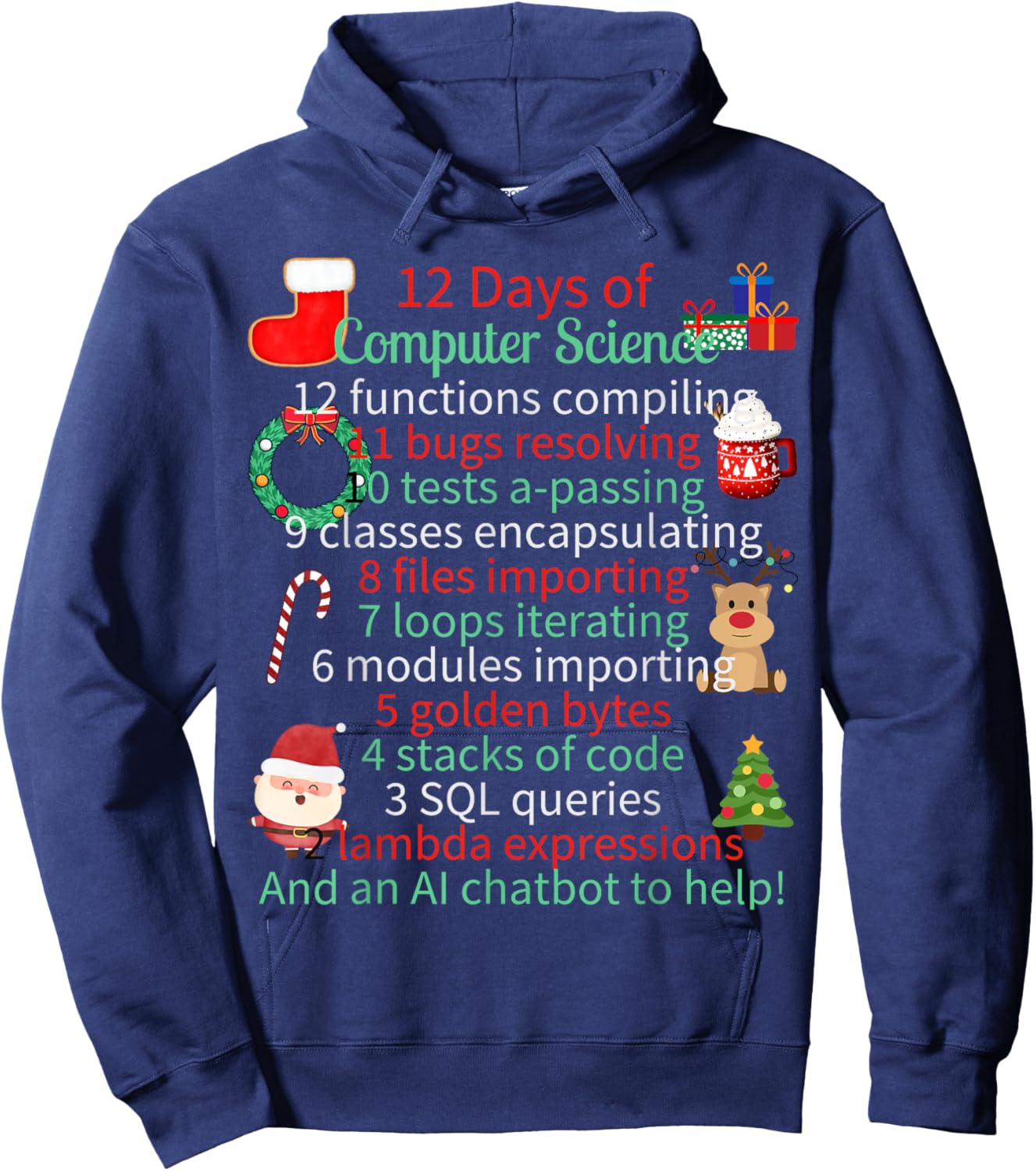 12 Days of Computer Science Christmas Themed Winter Holidays Women Kids Hoodie - Hoodie | Navy