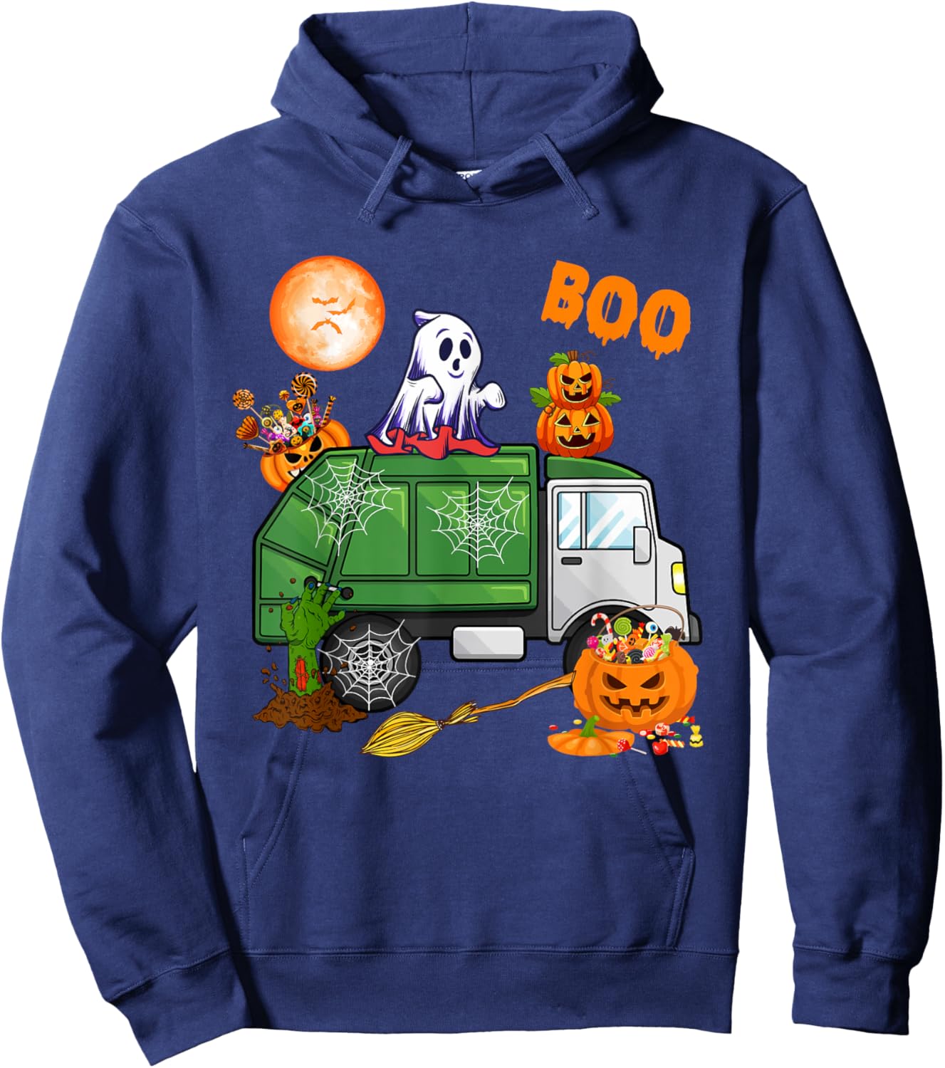 Ghost Driving Garbage Truck With Candy Bag Carved Pumpkin Hoodie - Hoodie | Navy